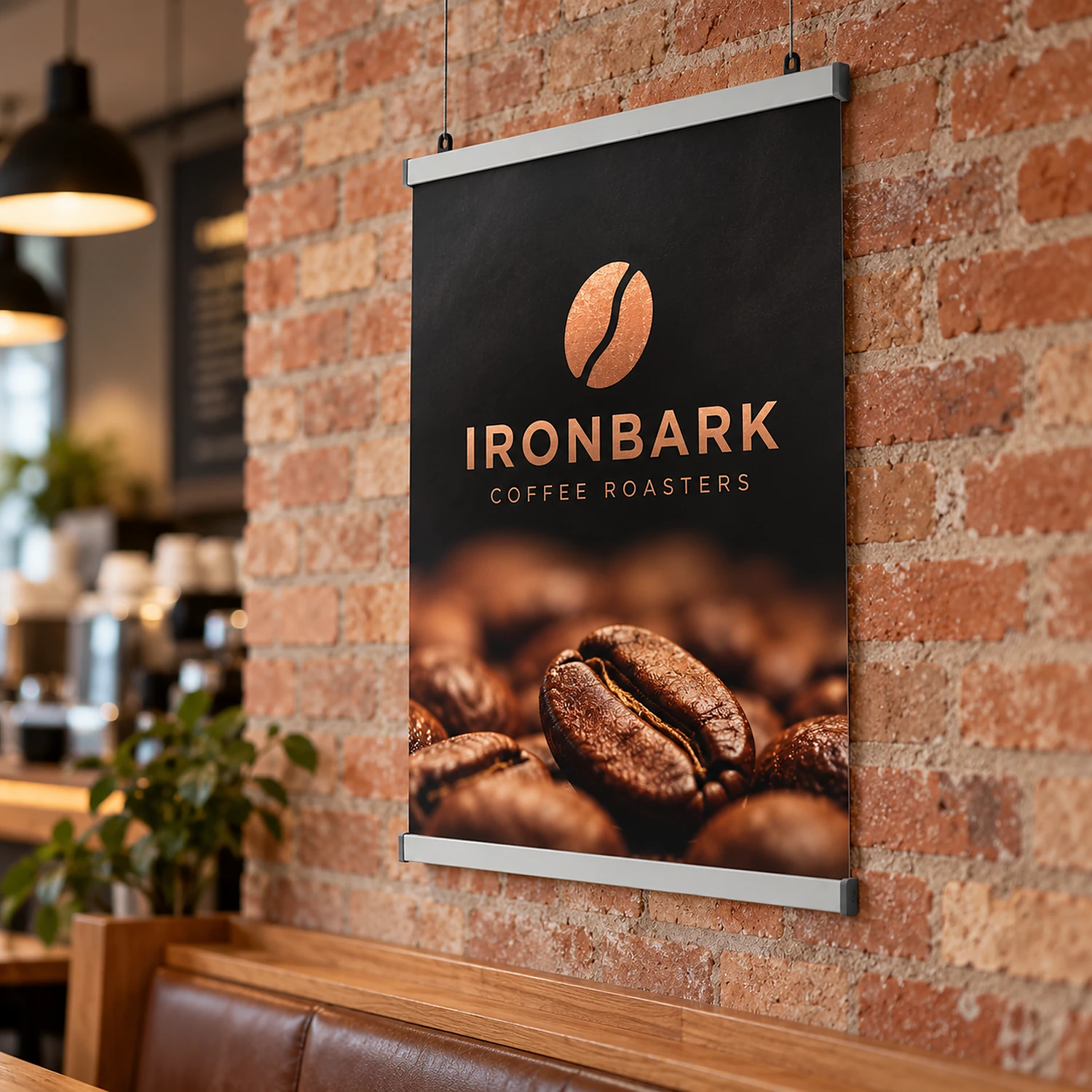 850mm poster hanging rail set holding a poster on a coffee shop wall