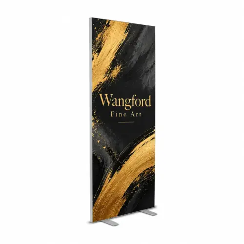 850mm x 2m Freestanding SEG Fabric Display - Double-Sided, shown with example artwork