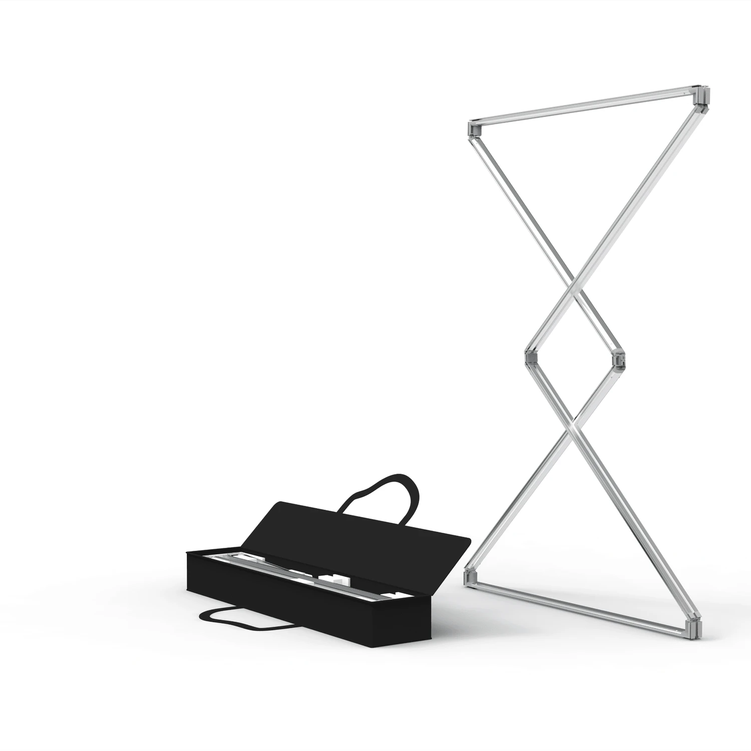 Folding frame opening out beside its carry bag