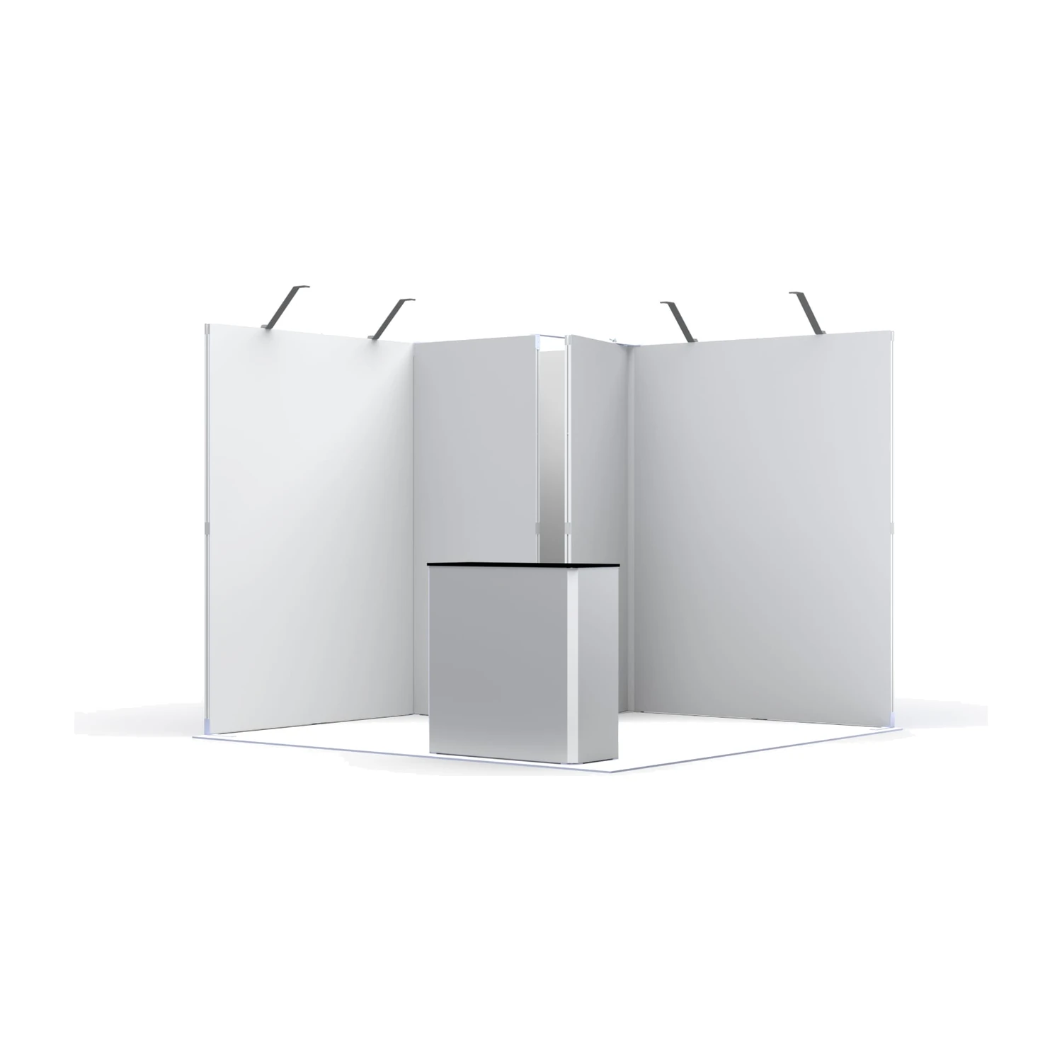 Modular exhibition stand layout shown with unprinted panels, storeroom, counter and arm lights