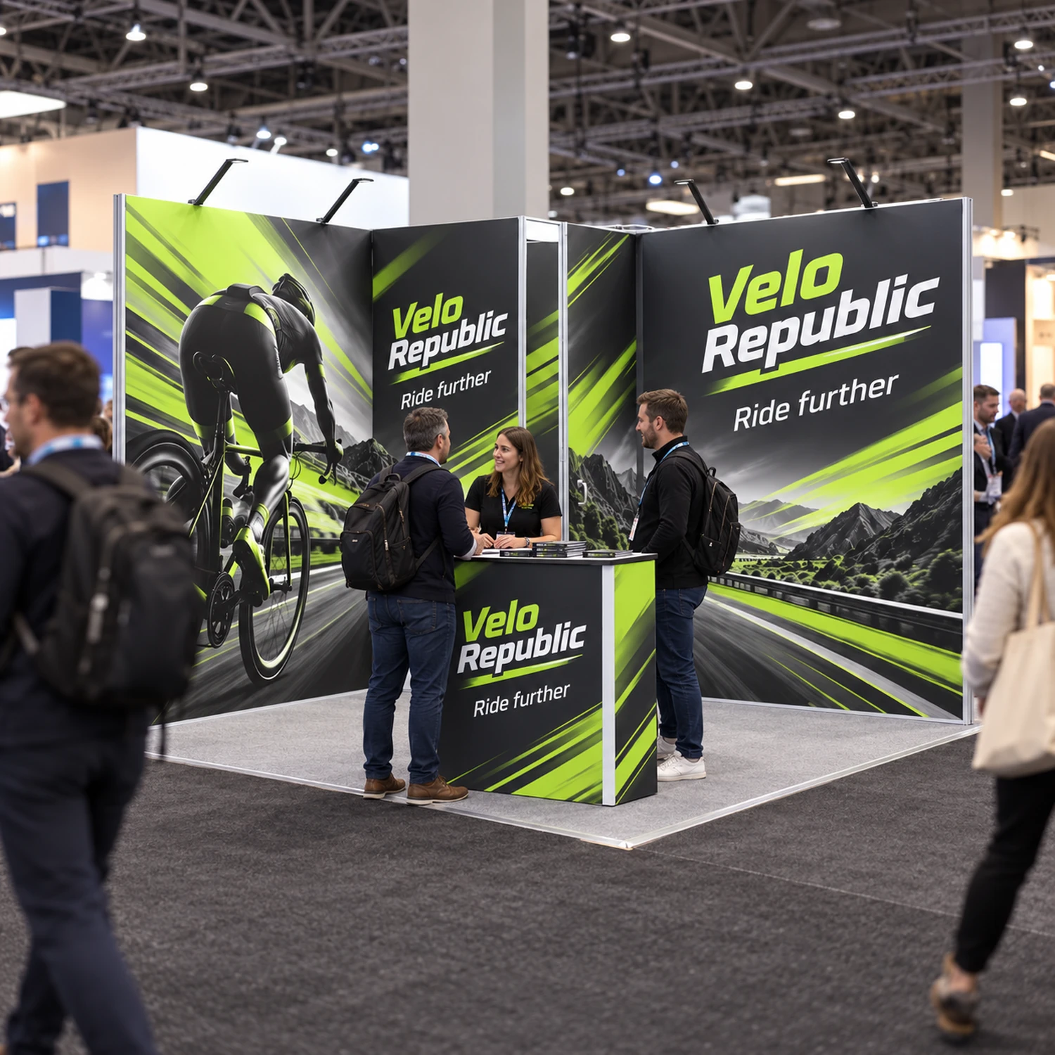 9m² Fastframe Modular Exhibition Stand with Storeroom and Counter in use at an event