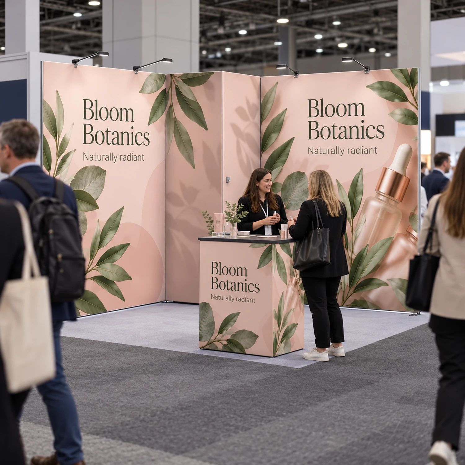 9m² Modulate Modular Exhibition Stand with Storeroom and Counter in use at an event