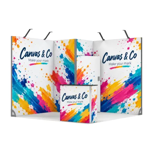 9m² Vector Modular Exhibition Stand with Storeroom and Counter with example artwork