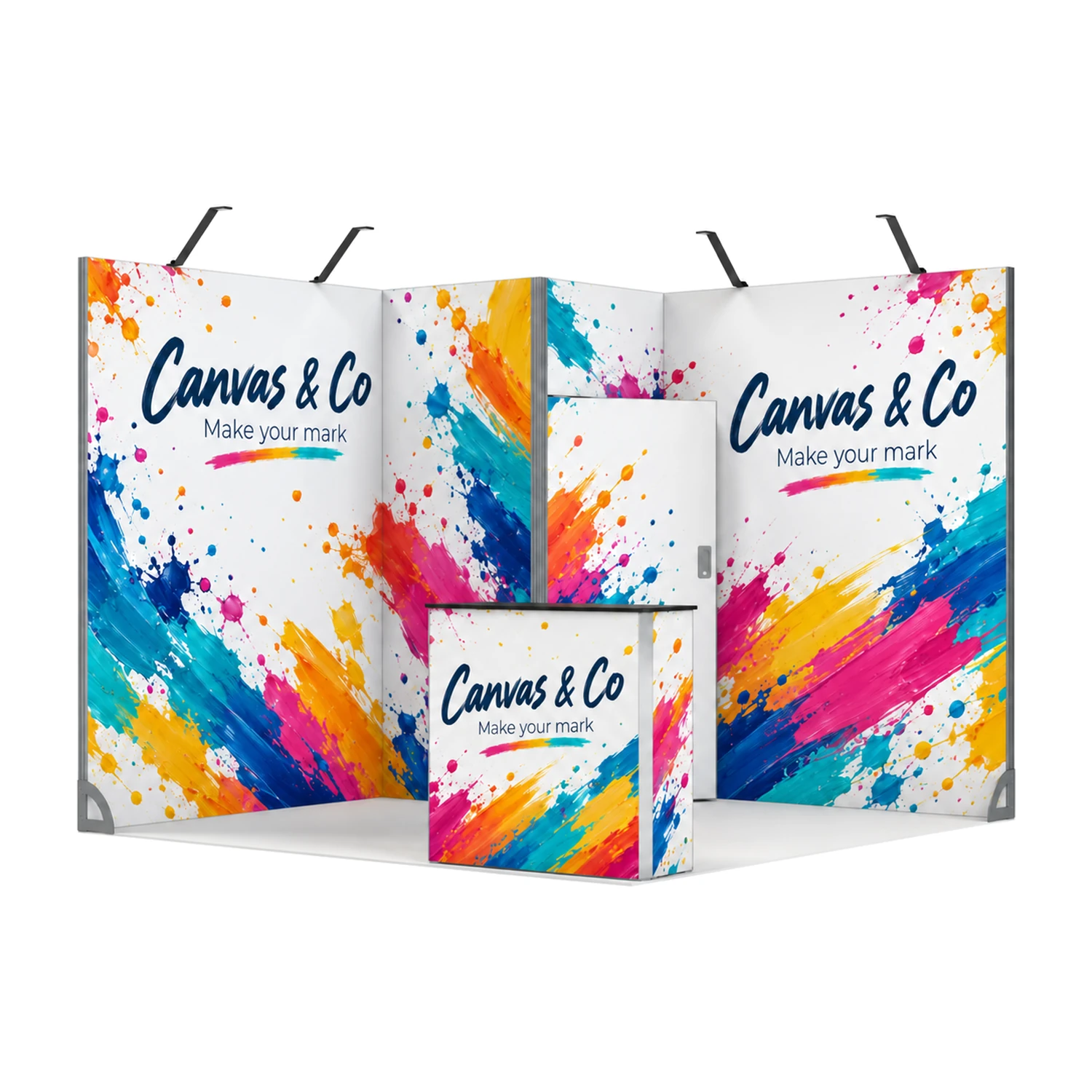 9m² Vector Modular Exhibition Stand with Storeroom and Counter with example artwork