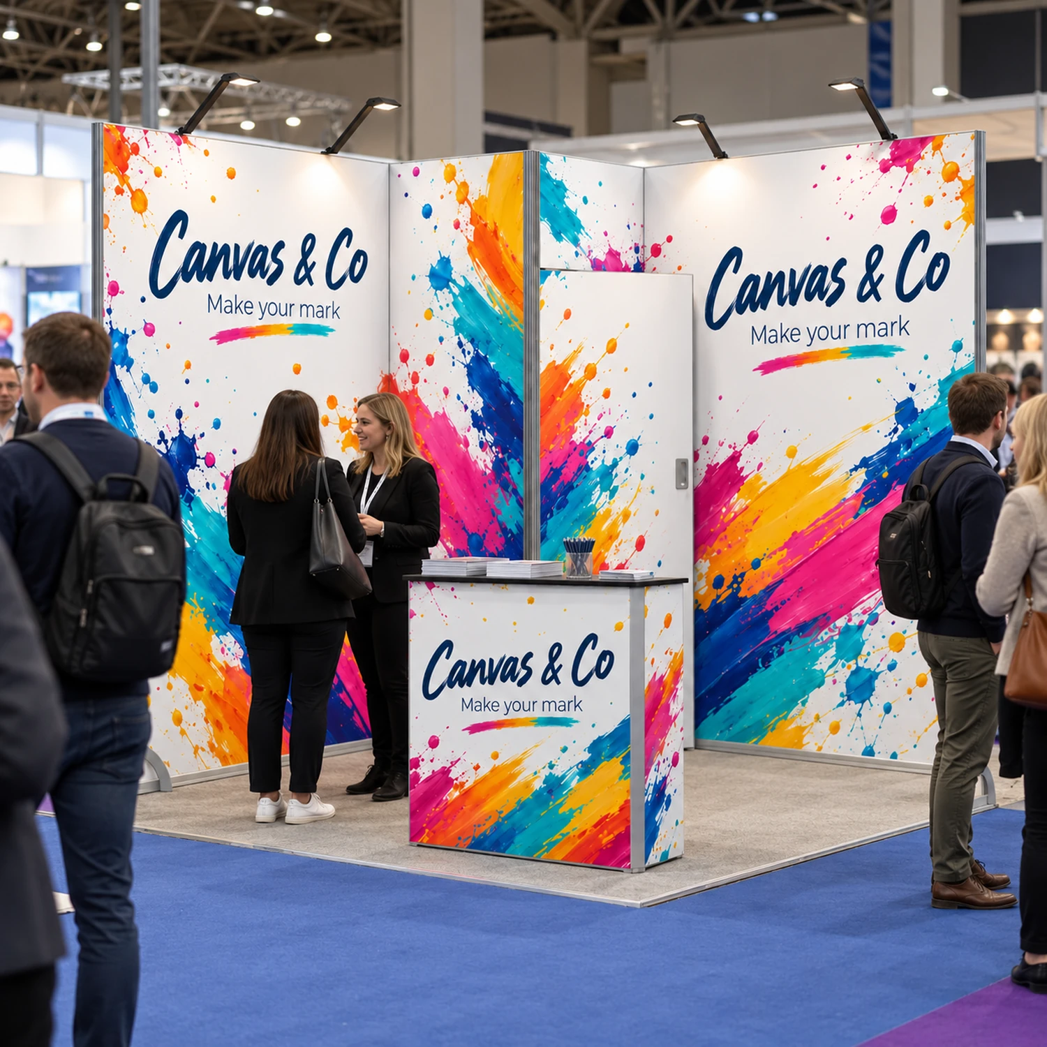 9m² Vector Modular Exhibition Stand with Storeroom and Counter in use at an event