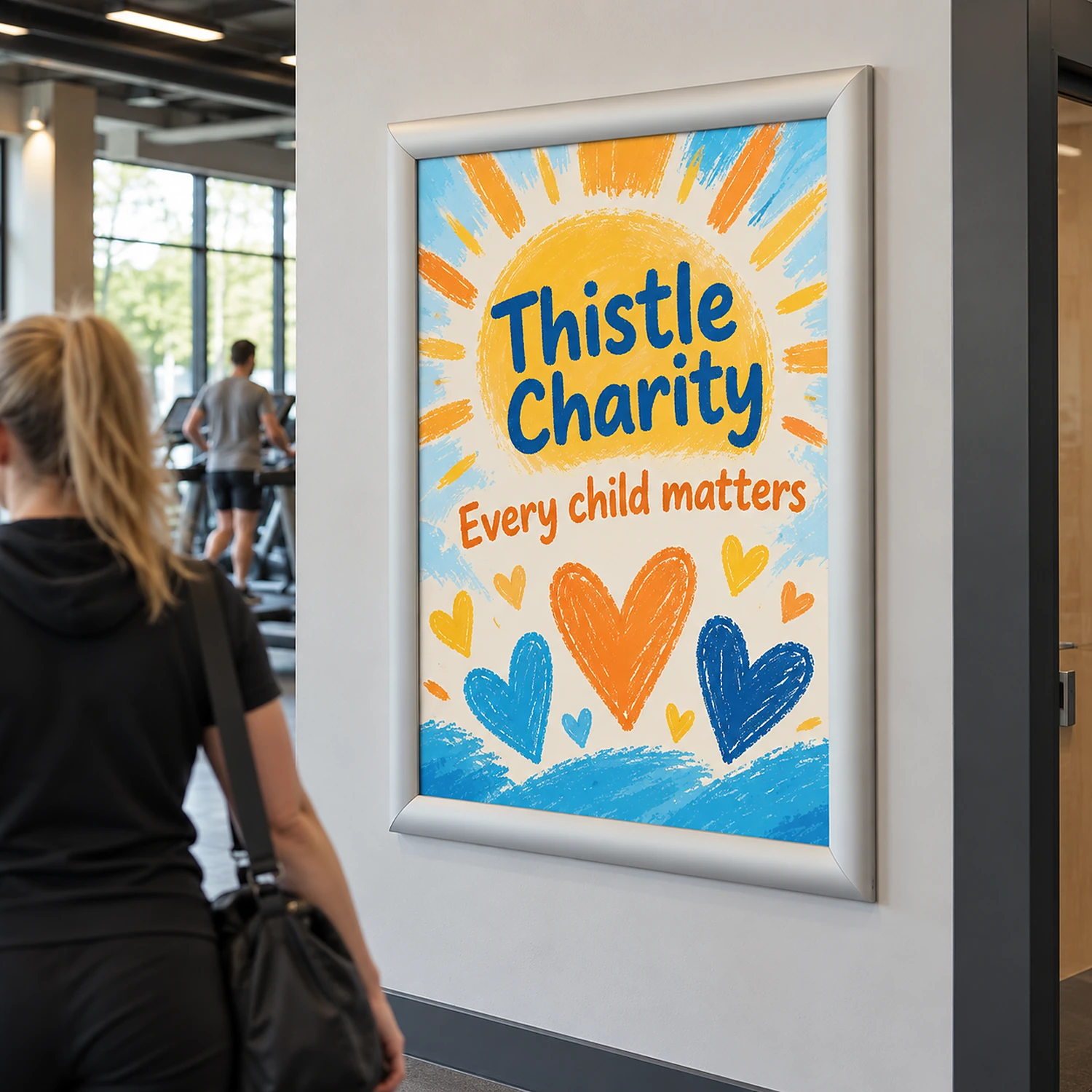 A1 snap frame poster holder on a gym corridor wall