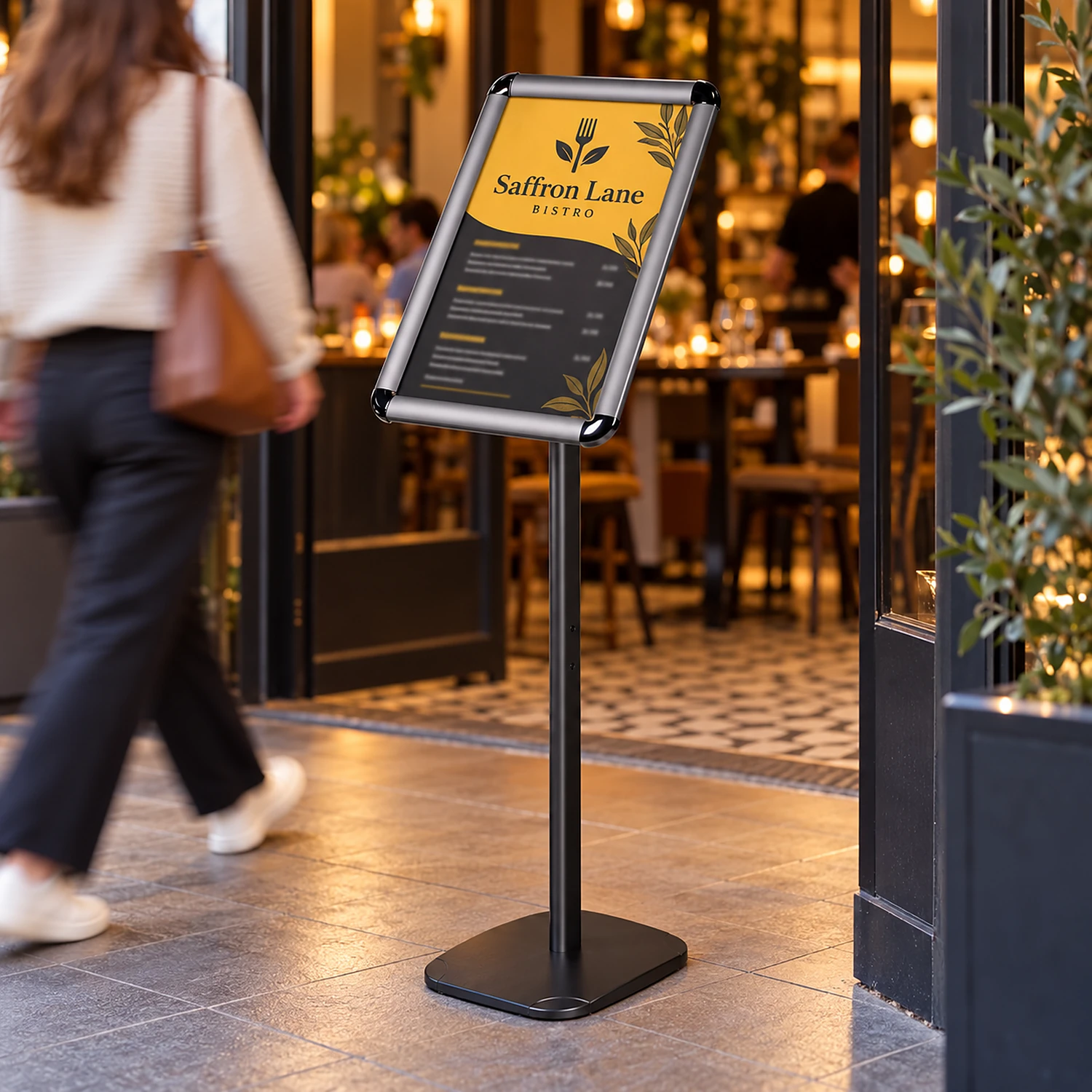 A3 snap frame poster stand holding a menu at a bistro entrance