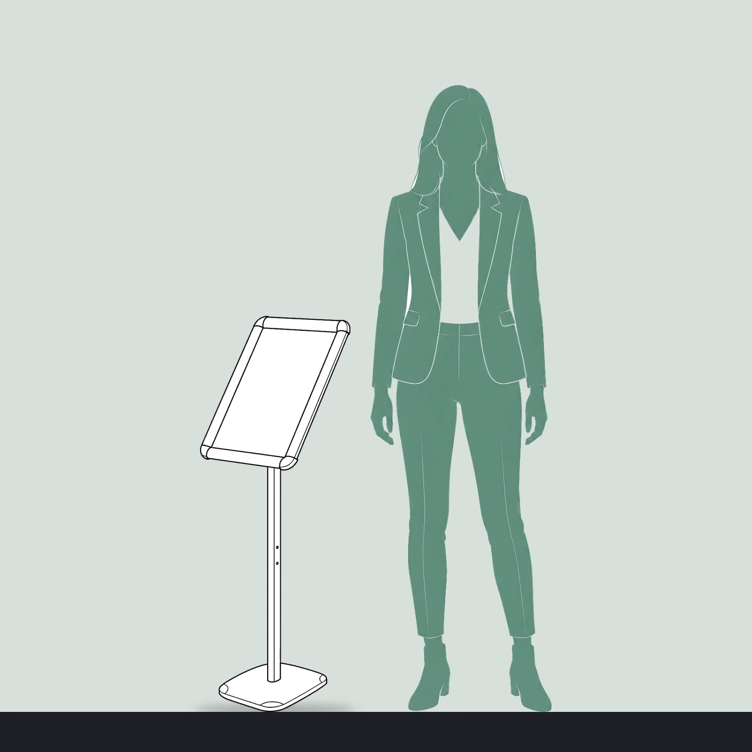 A3 snap frame poster stand size compared with a person