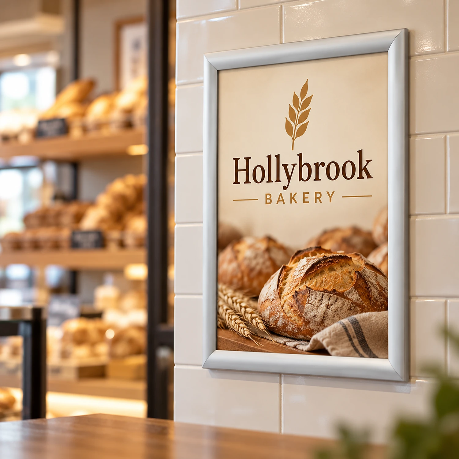 A3 snap frame with a poster on a bakery wall