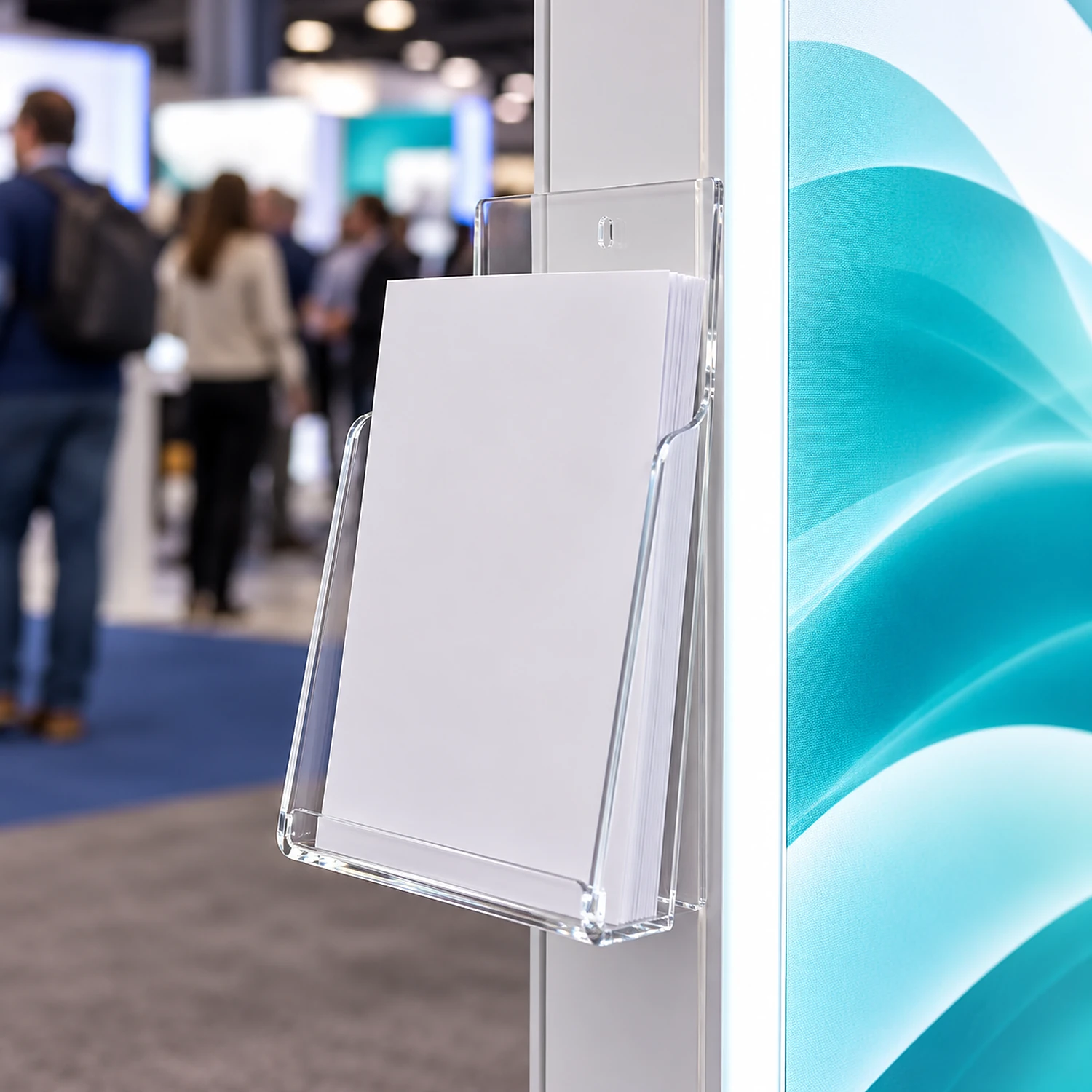 Clear A4 literature holder with brochures on a lit lightbox frame at a trade show