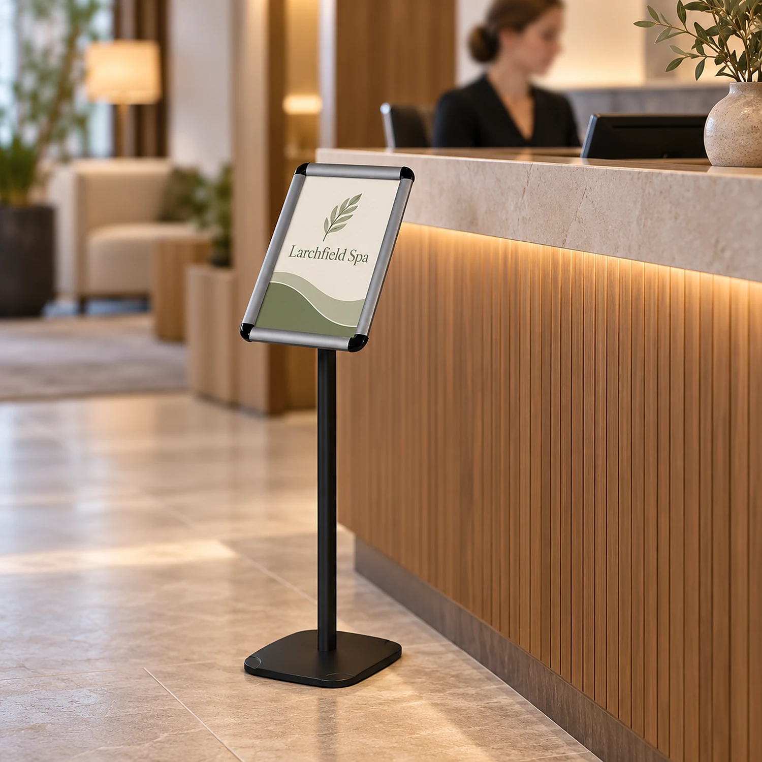 A4 snap frame poster stand in a hotel reception