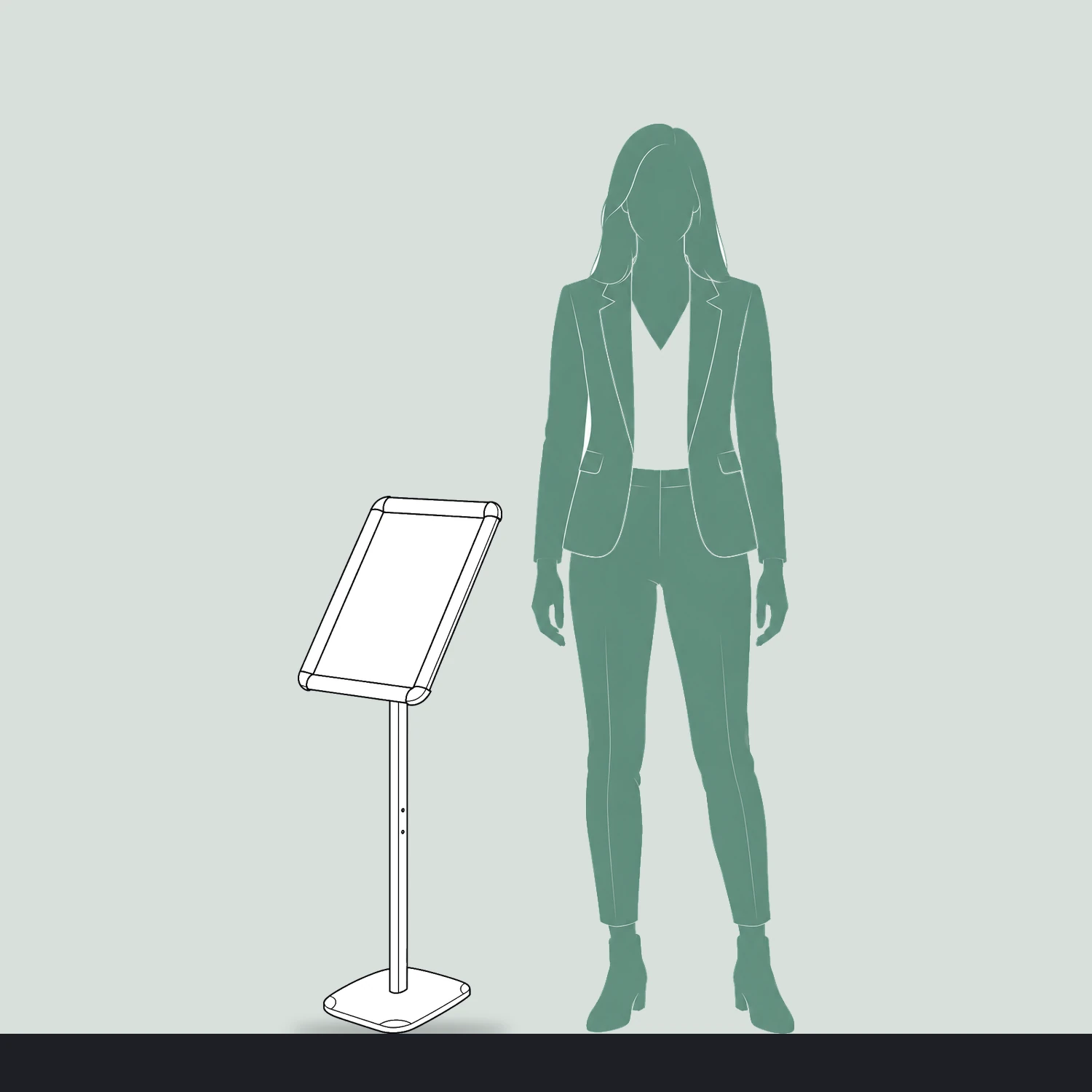 A4 snap frame poster stand size compared with a person