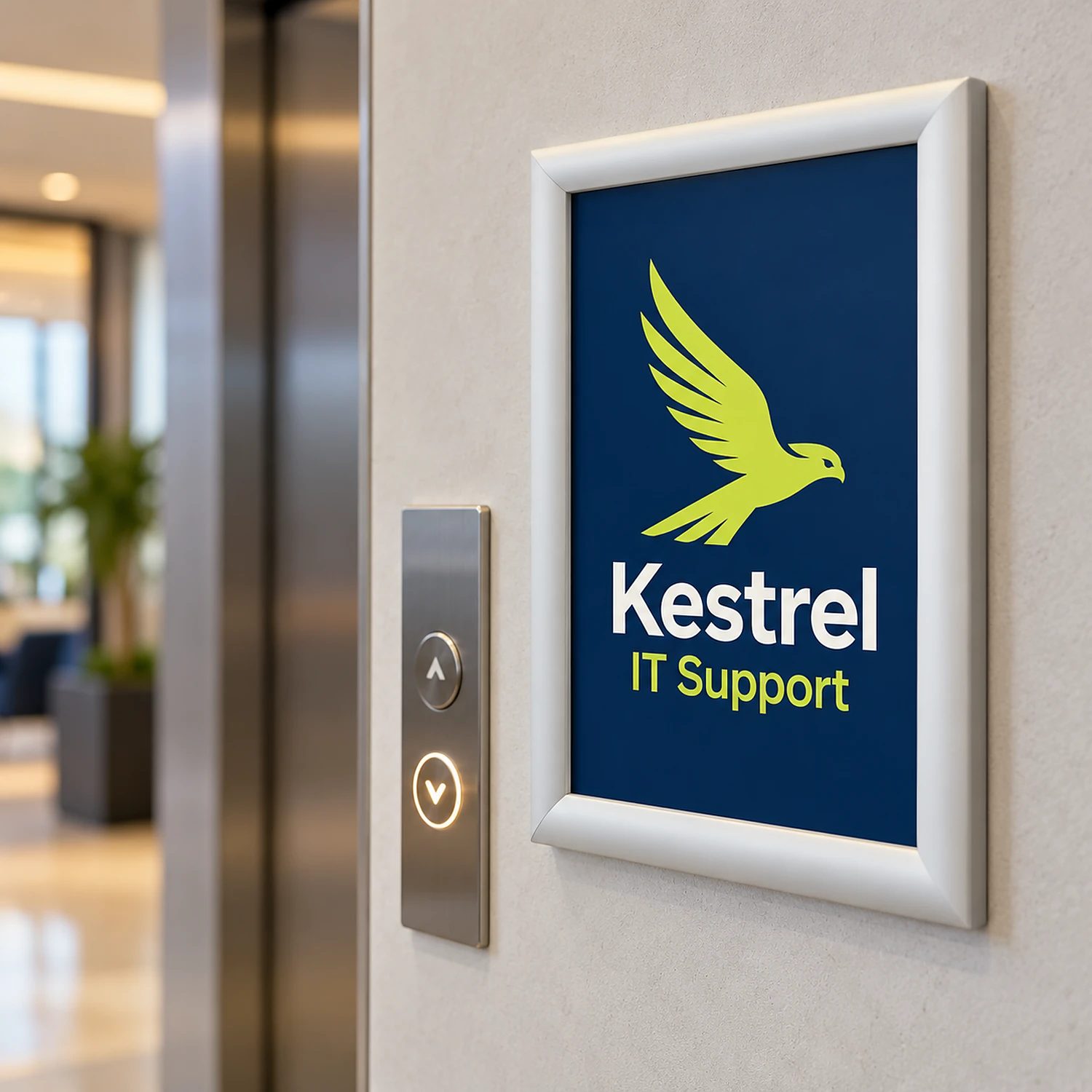 A4 snap frame beside a lift call panel in an office lobby