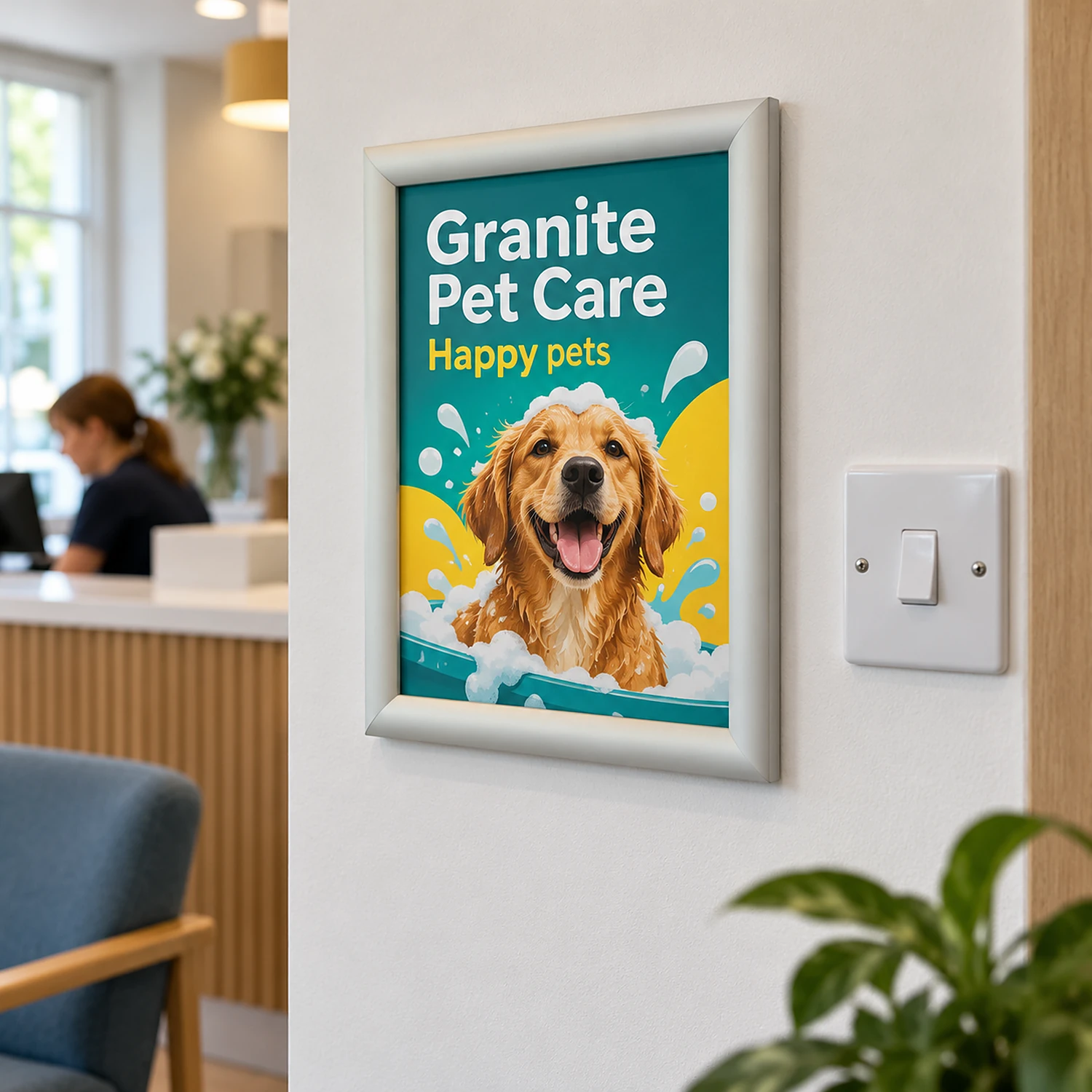 A4 snap frame on a reception wall