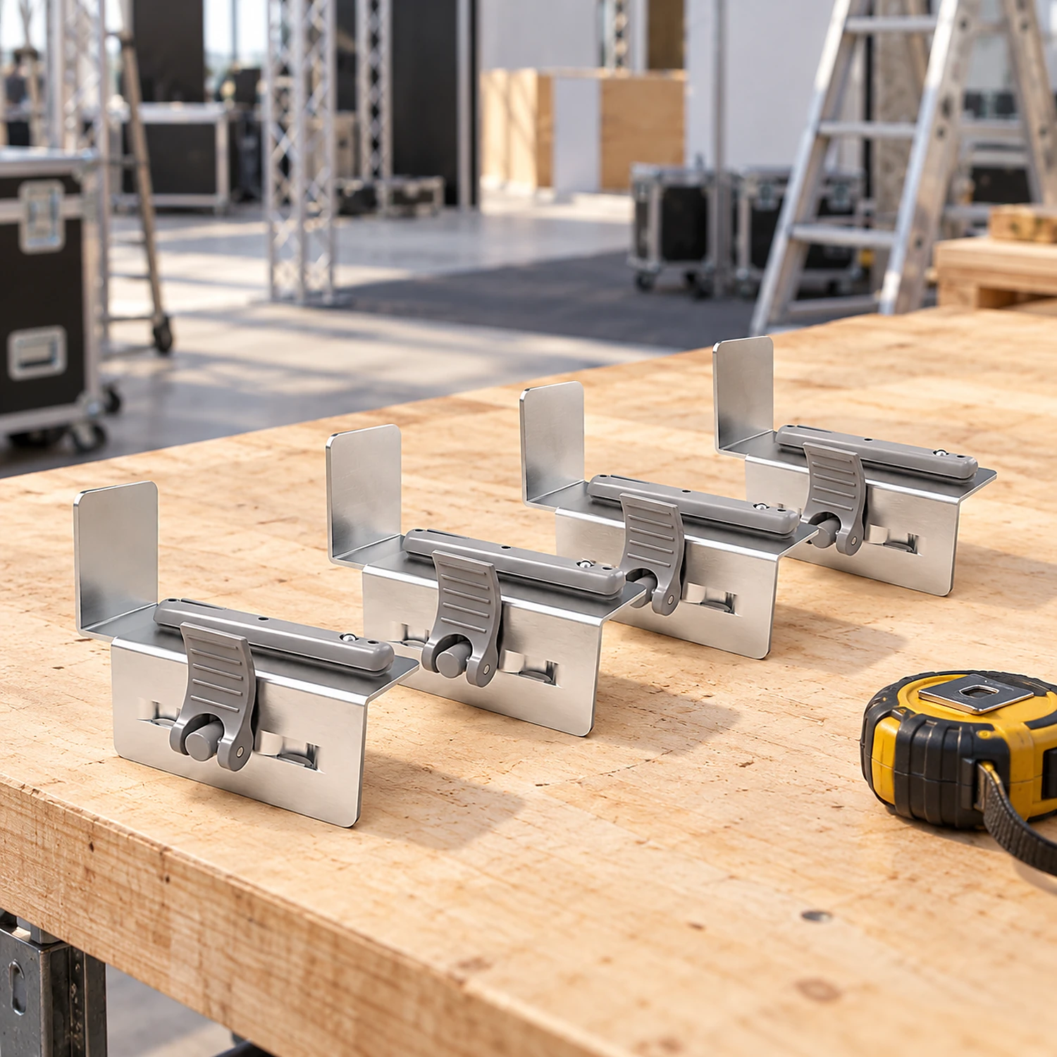 Set of four arch connector brackets on a workbench