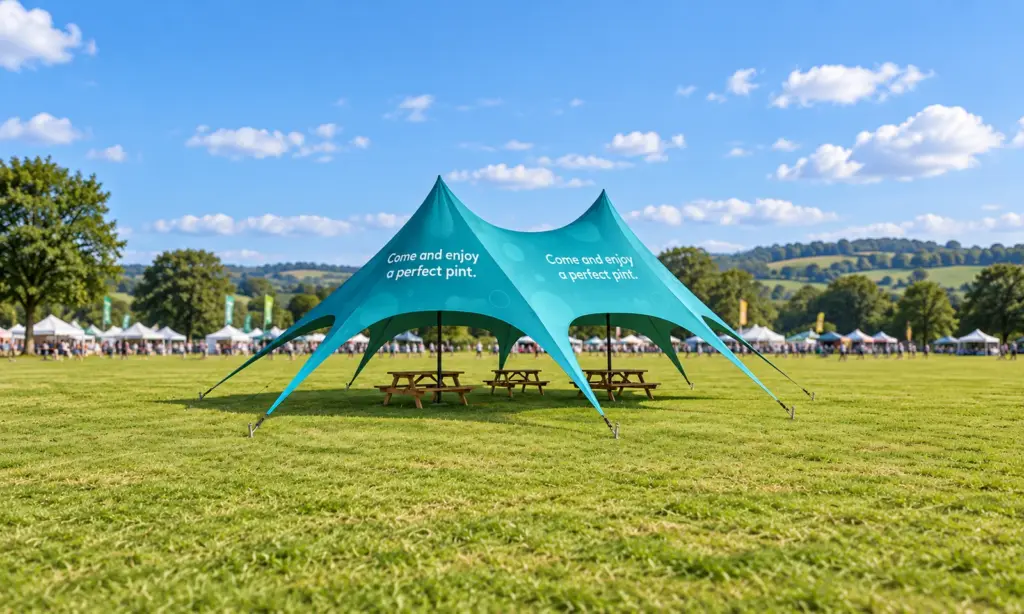 Visualisation of Avani Solutions's 8m x 12m twin-pole star tent with the artwork that was printed