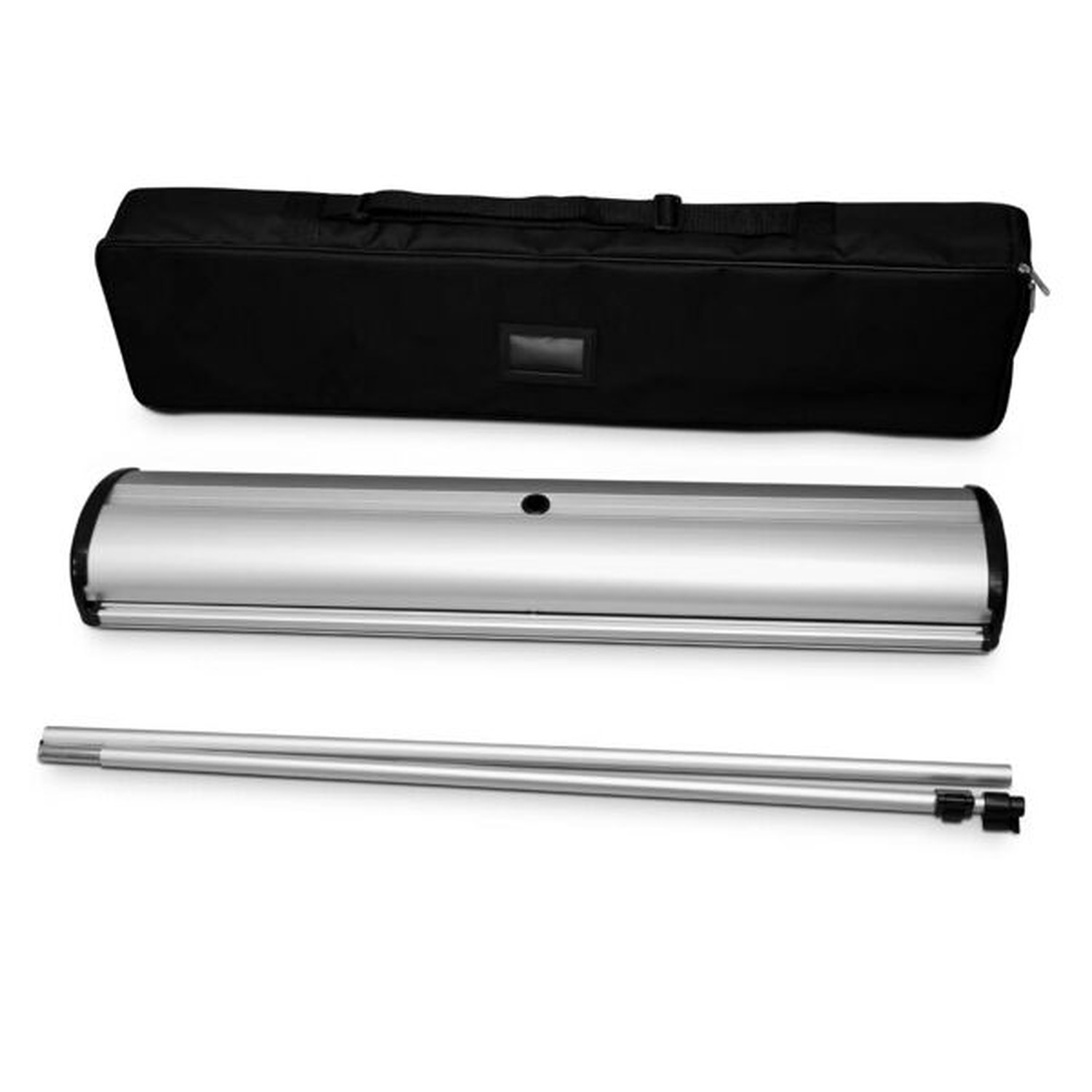 Barracuda roller banner carry bag, base cassette and telescopic pole laid out on a white background