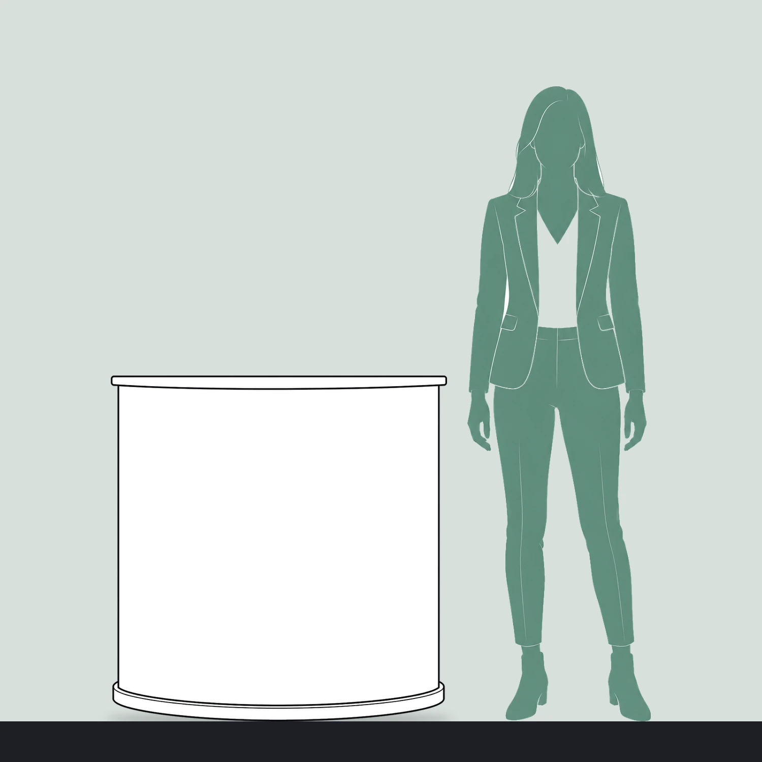 Basics Curved Promotional Counter, Black and Beech size compared with a person