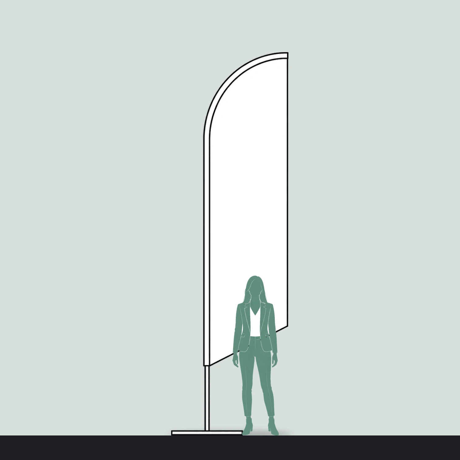 Blade Flag Large, 4.08m Tall size compared with a person