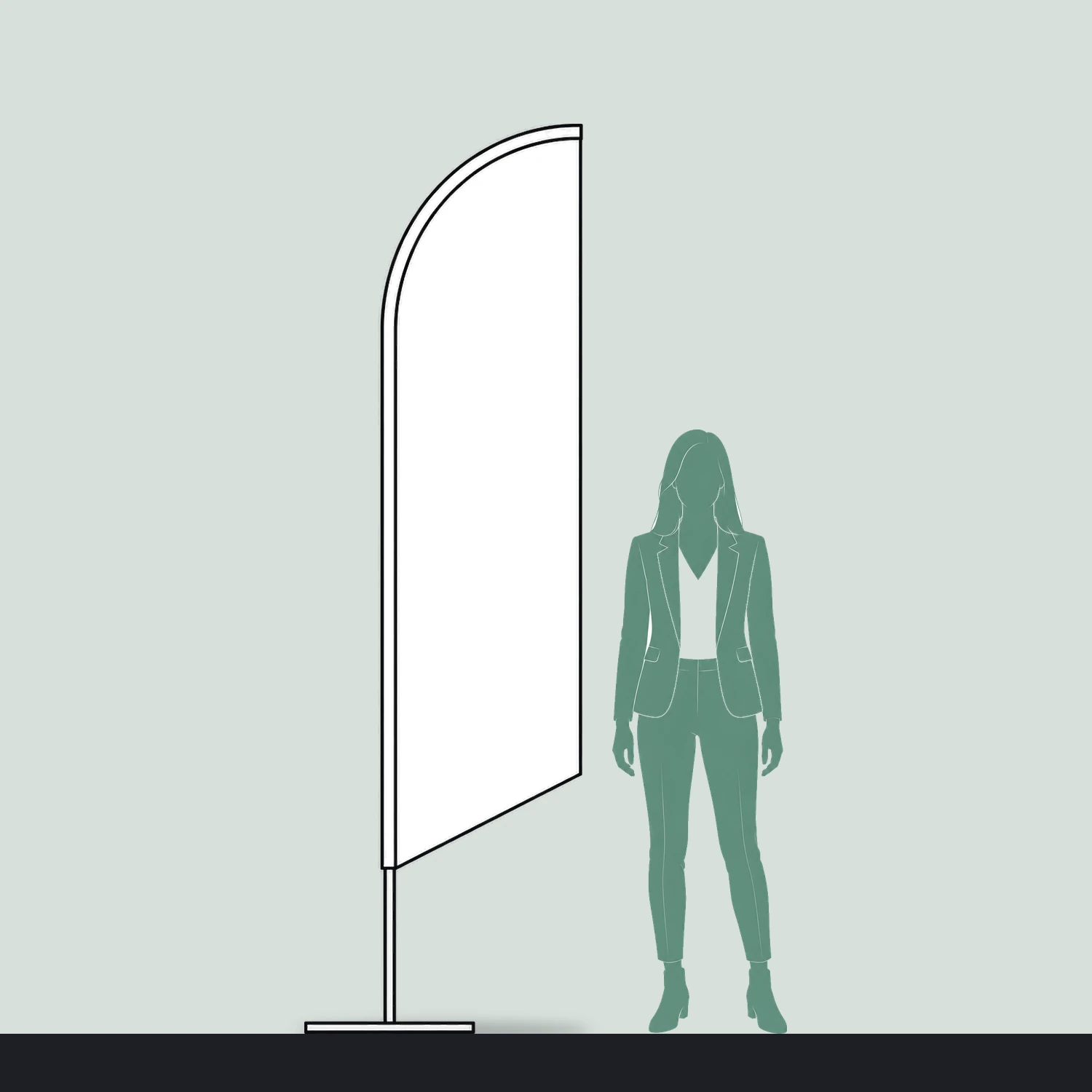 Blade Flag Small, 2.56m Tall size compared with a person