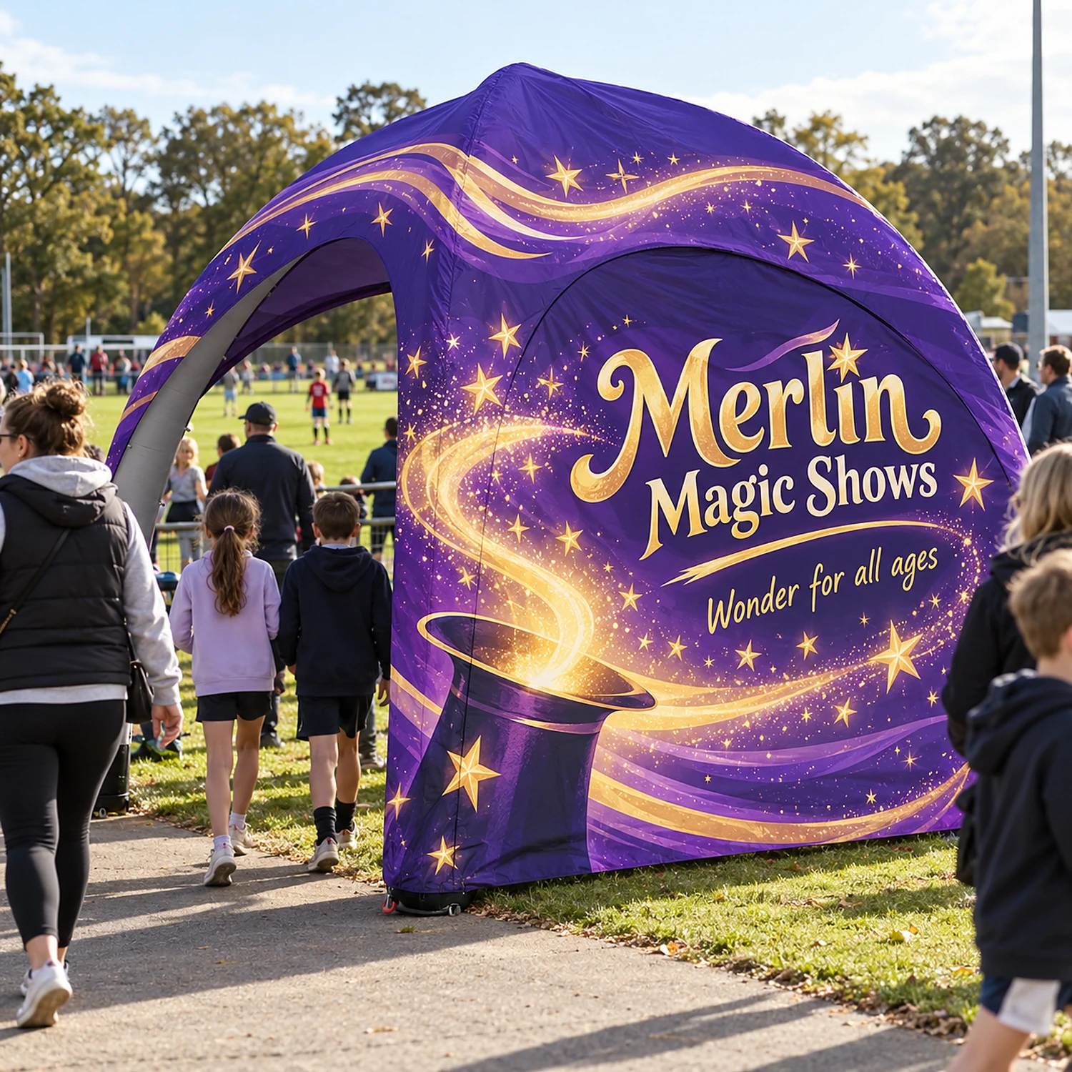 Bora Gazebo Printed Full Wall in use at an outdoor sports event