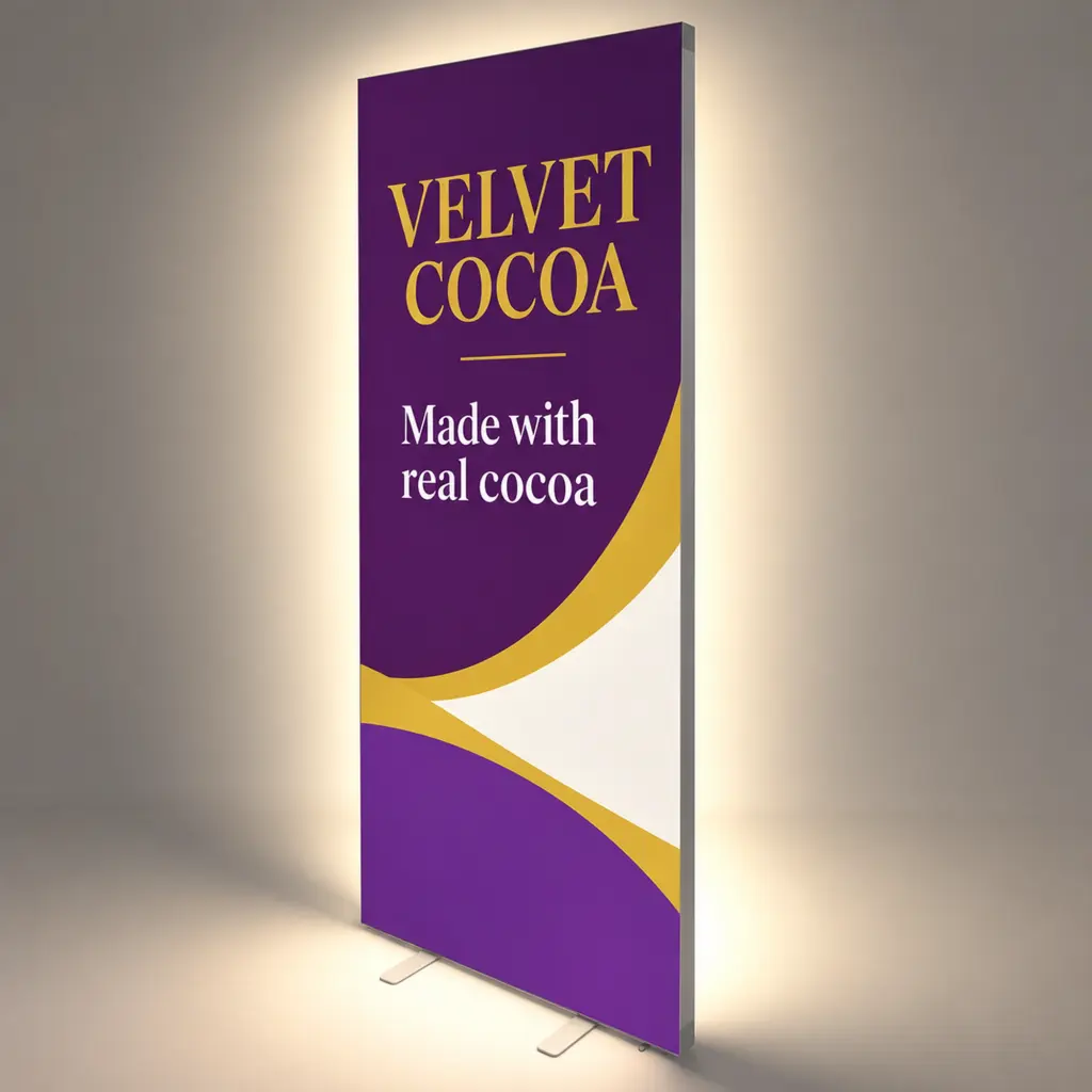 Boss Light slim freestanding LED light box with a purple backlit graphic
