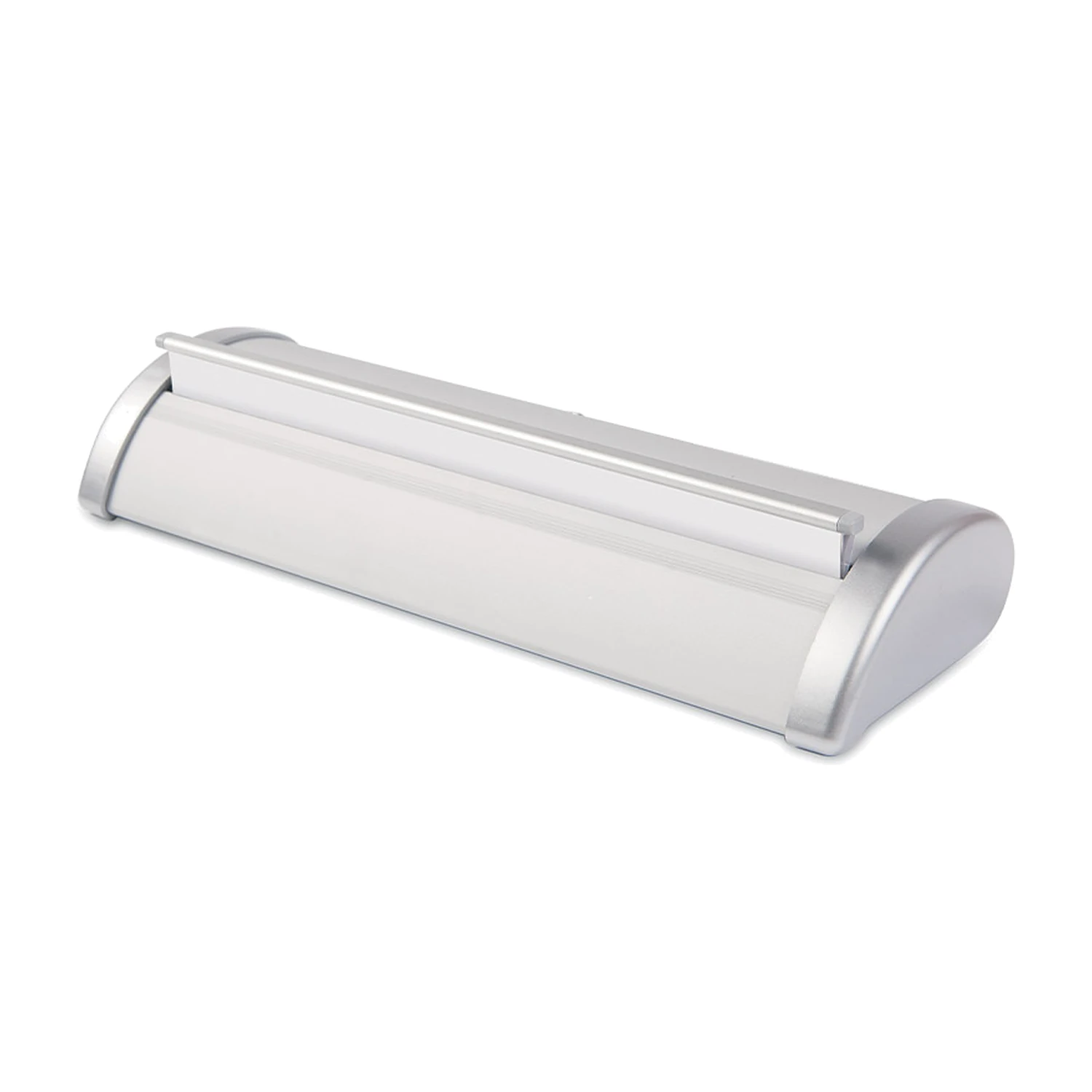 Desktop roller banner base cassette with the graphic retracted