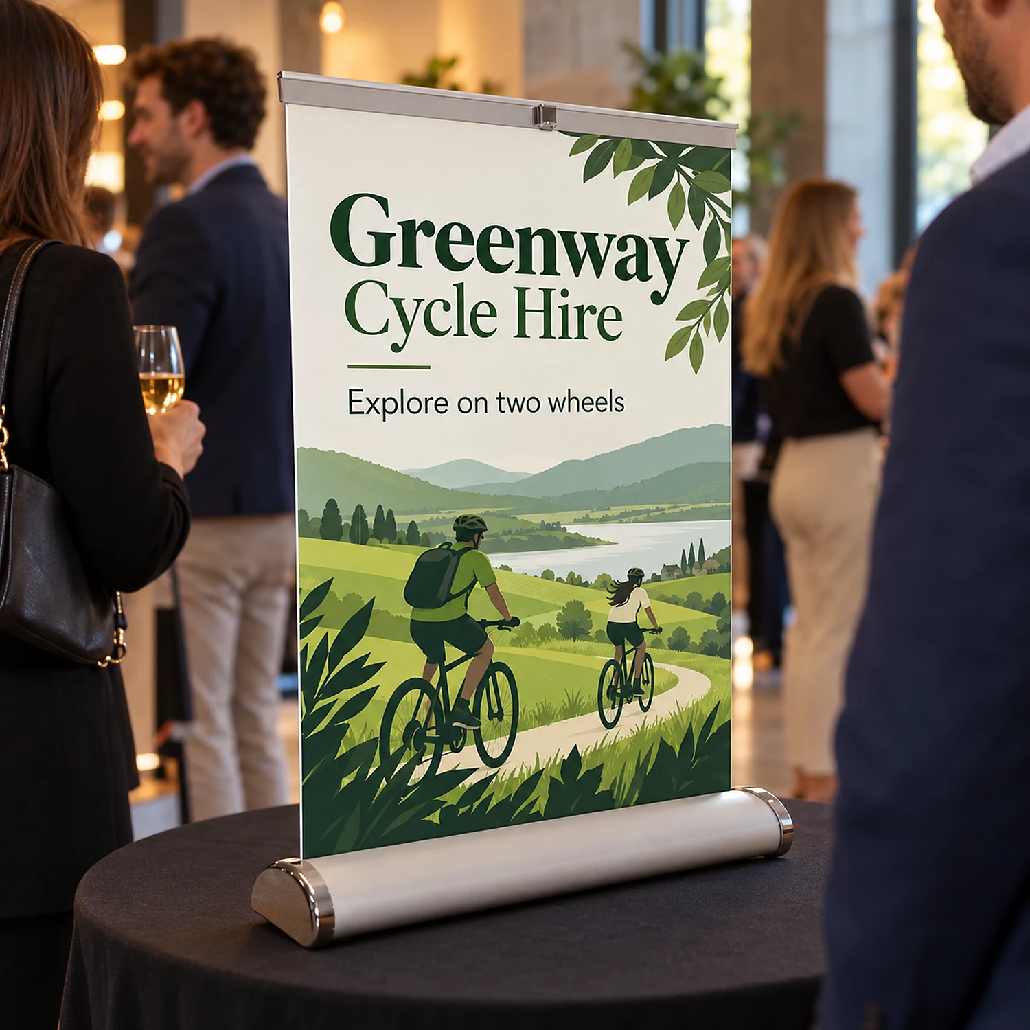 Breeze desktop roller banner on a round table at a networking reception with guests talking in the background