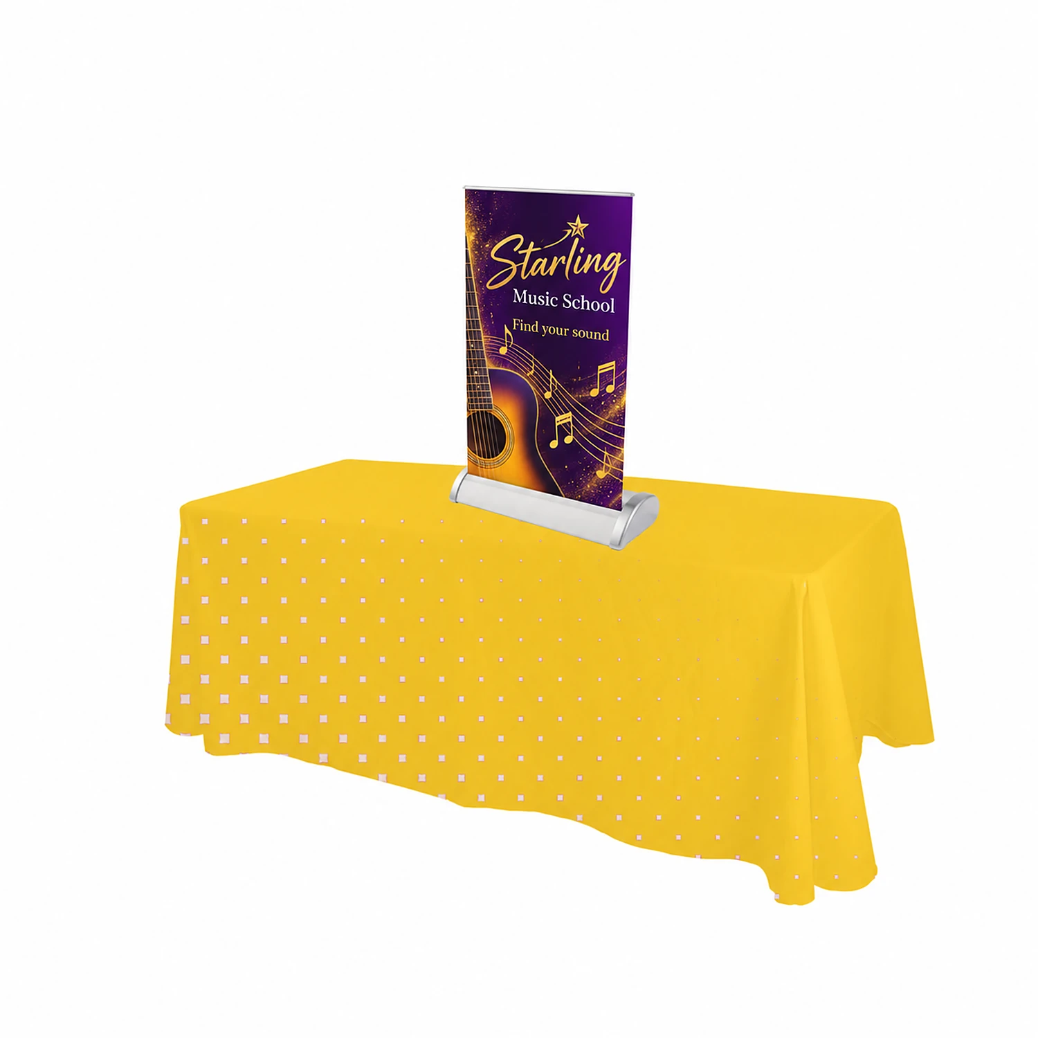 Desktop roller banner standing on an event table with example artwork