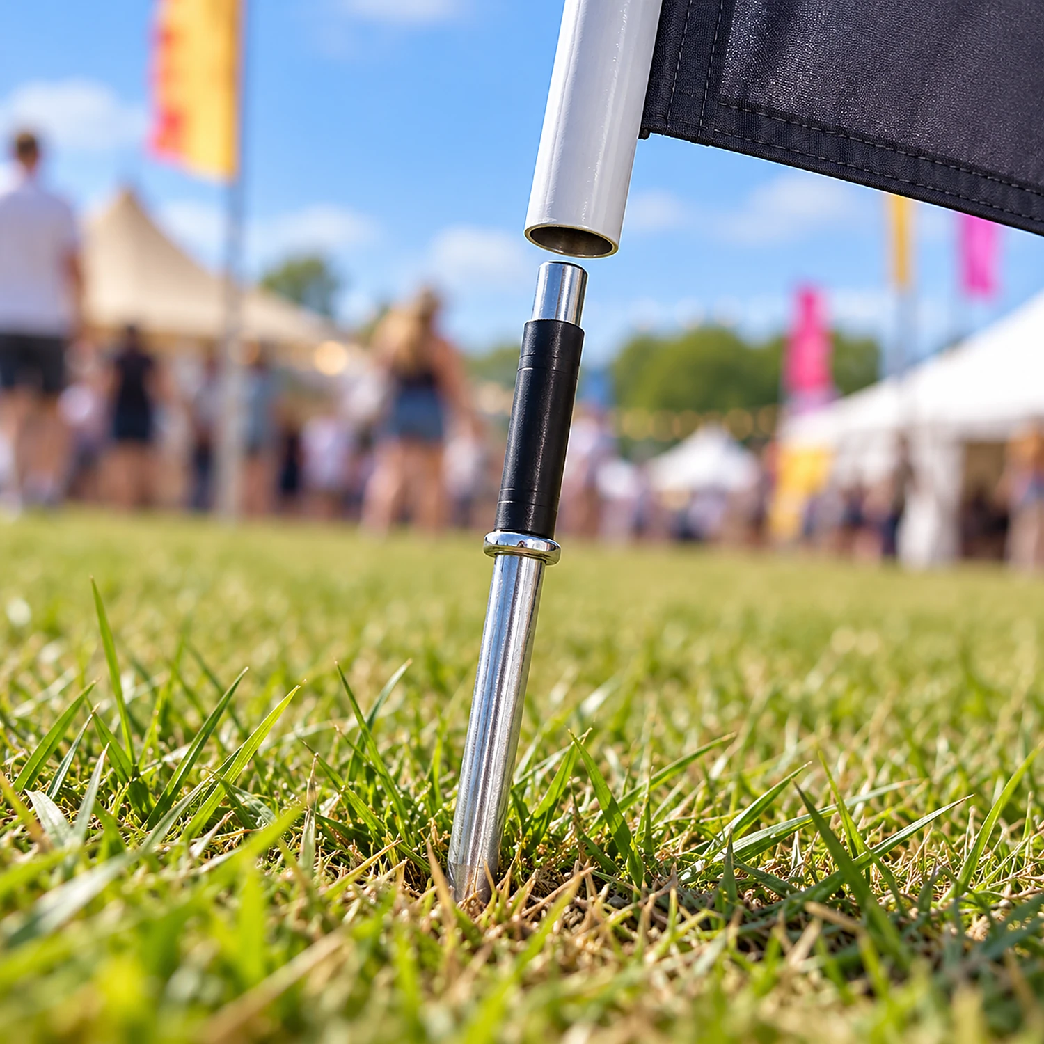 Ground spike being pushed into grass with a flag pole slotting on