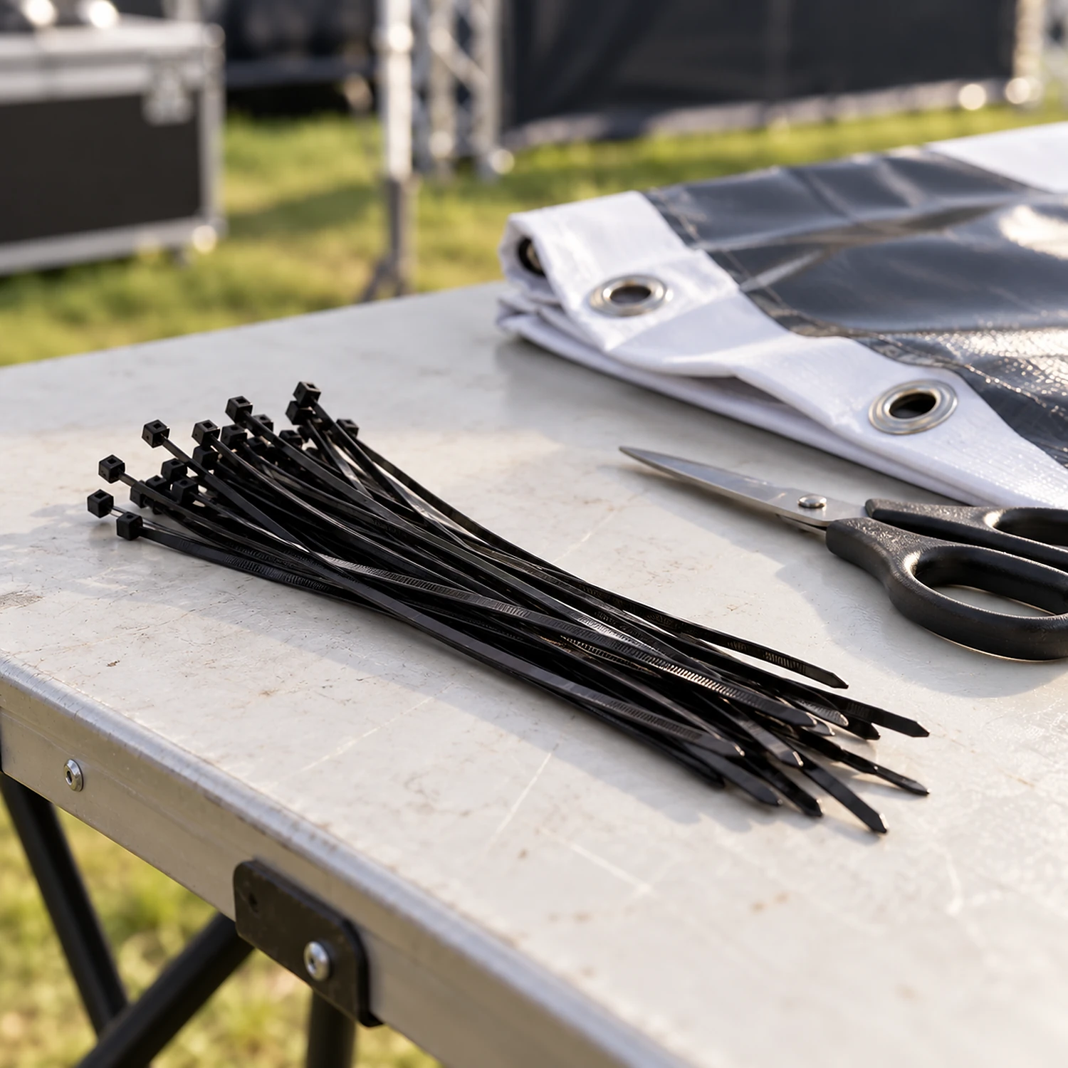 Bundle of black cable ties beside scissors and a folded banner