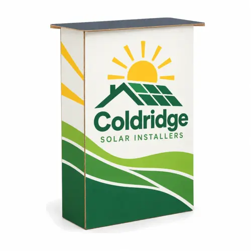 Cardboard Exhibition Counter, shown with example artwork