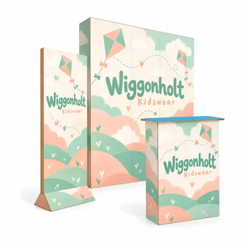 Cardboard Exhibition Stand Kit - 1.68m Wall, Counter & Banner Stand, shown with example artwork