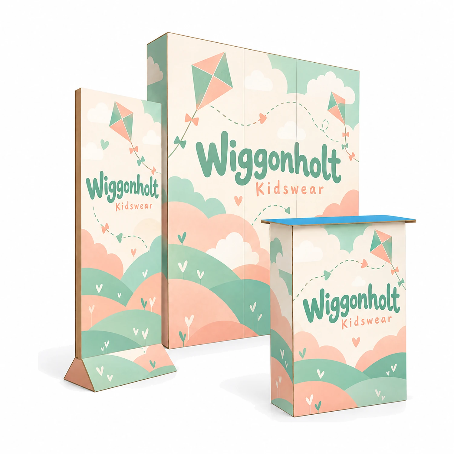 Cardboard Exhibition Stand Kit - 1.68m Wall, Counter & Banner Stand, shown with example artwork