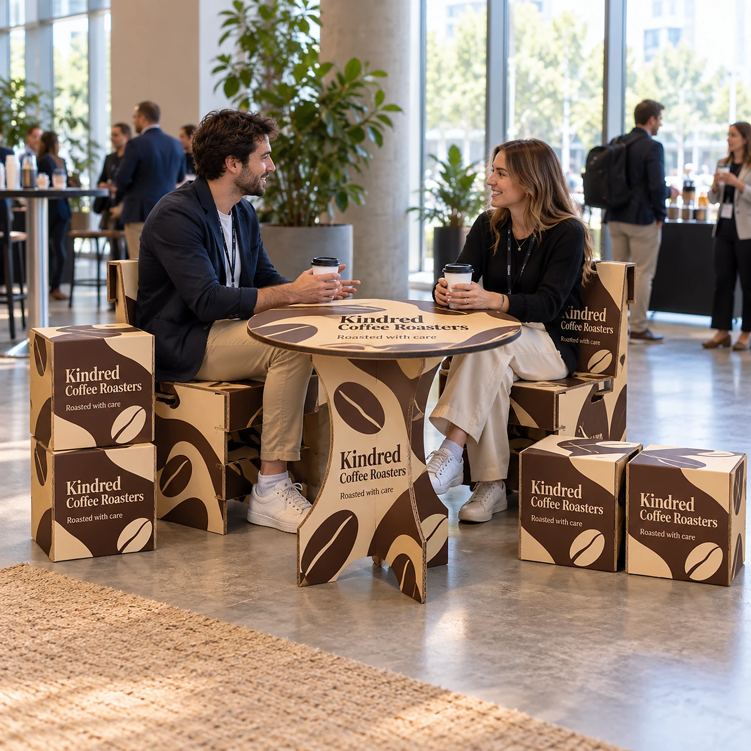 Cardboard Meeting Area Kit with an example design, in use at a relaxed meeting corner at a conference centre breakout area with daylight from tall windows