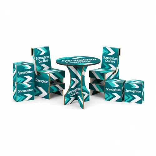 Cardboard Meeting Area Kit - Round Table, Two Seats & Four Stacking Cubes, shown with example artwork