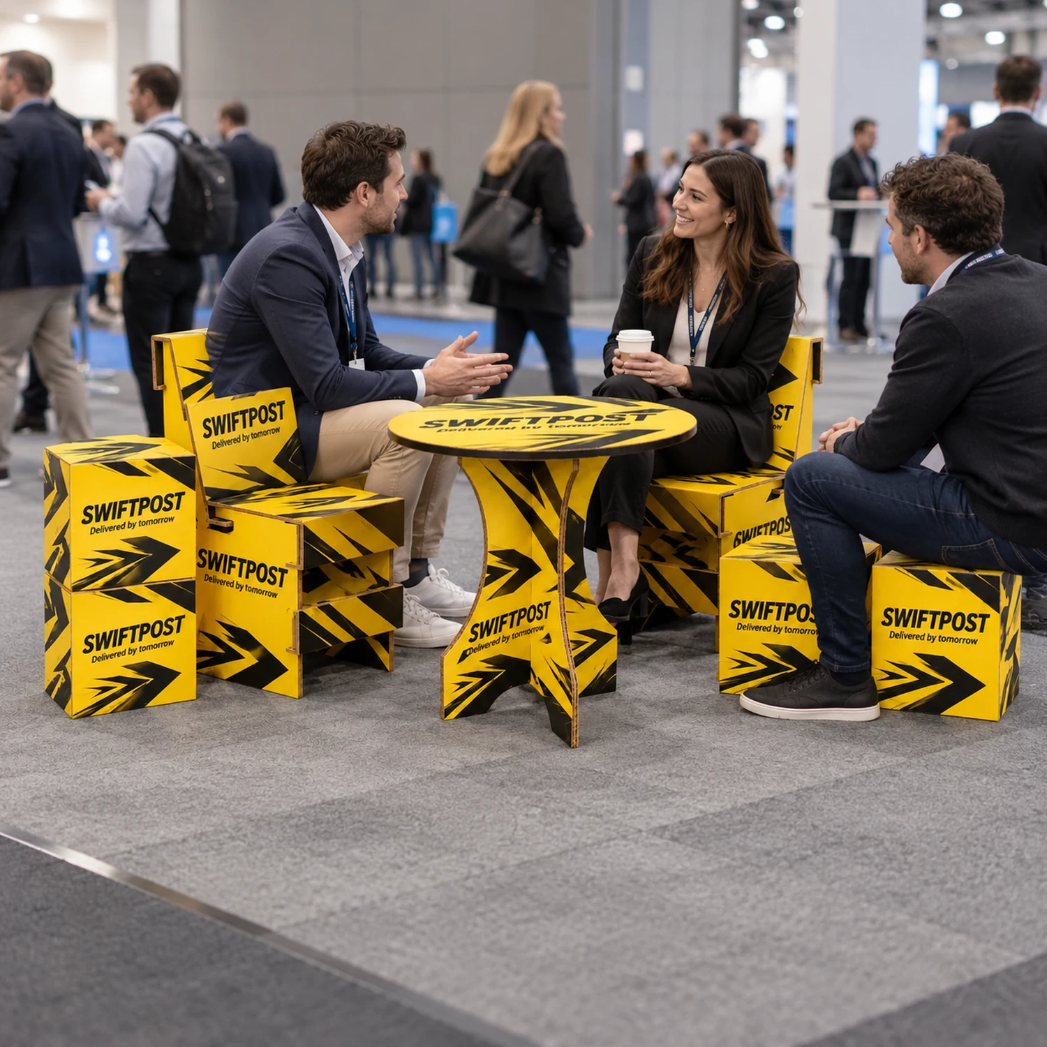 Cardboard Meeting Area Kit - Round Table, Two Seats & Four Stacking Cubes in use at a trade show, shown with an example design