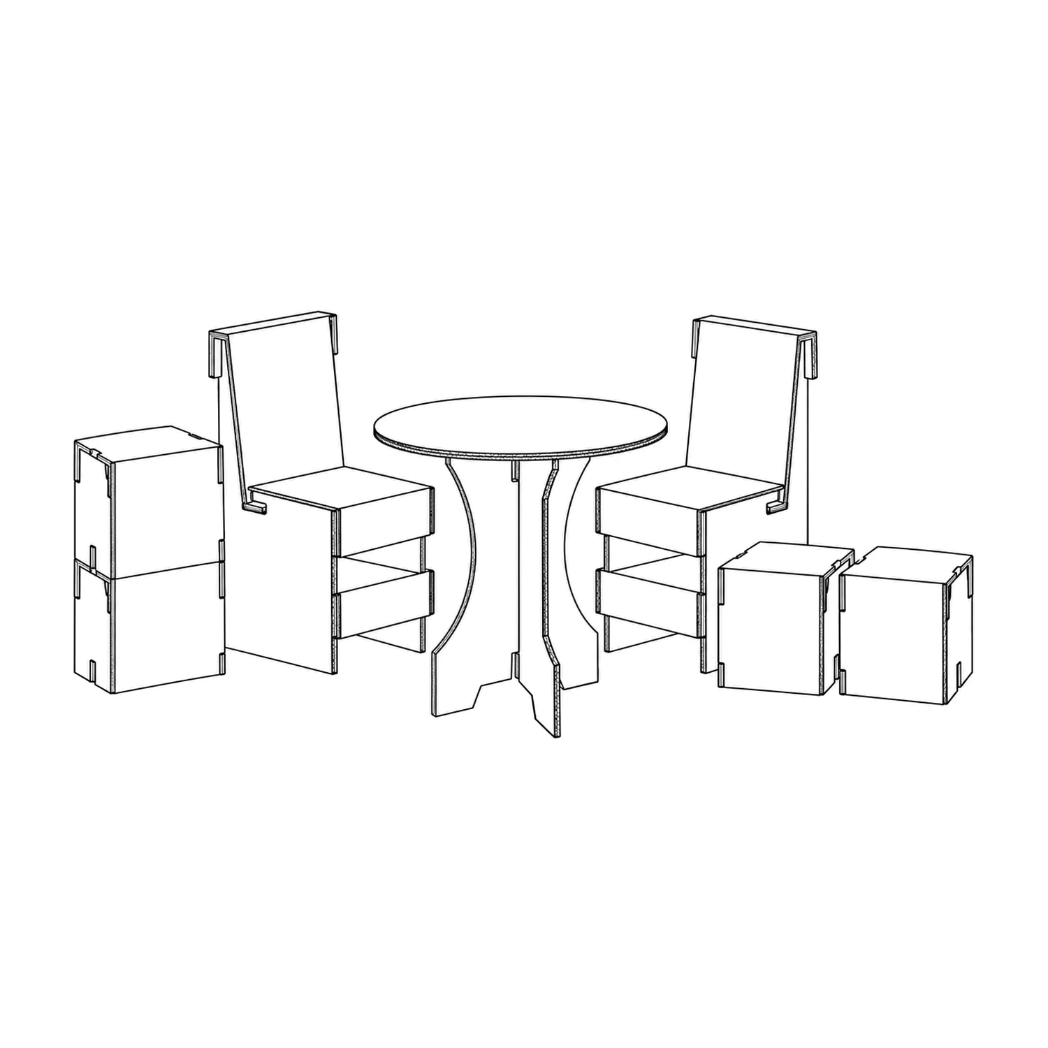 Line drawing of the Cardboard Meeting Area Kit - Round Table, Two Seats & Four Stacking Cubes showing its panels and construction