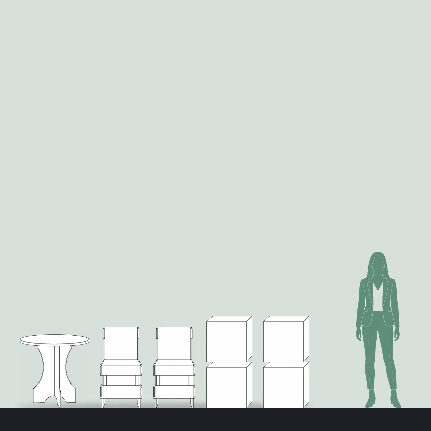 Cardboard Meeting Area Kit - Round Table, Two Seats & Four Stacking Cubes shown to scale next to a 1.7m tall person