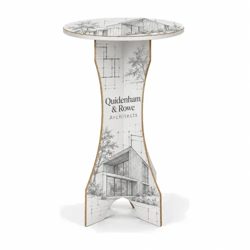 Cardboard Poseur Table, shown with example artwork