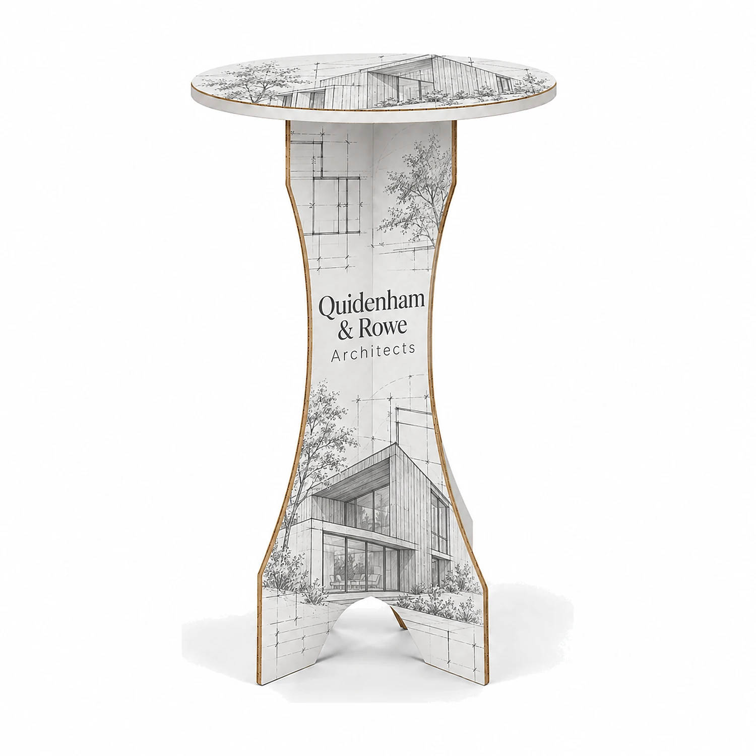 Cardboard Poseur Table, shown with example artwork