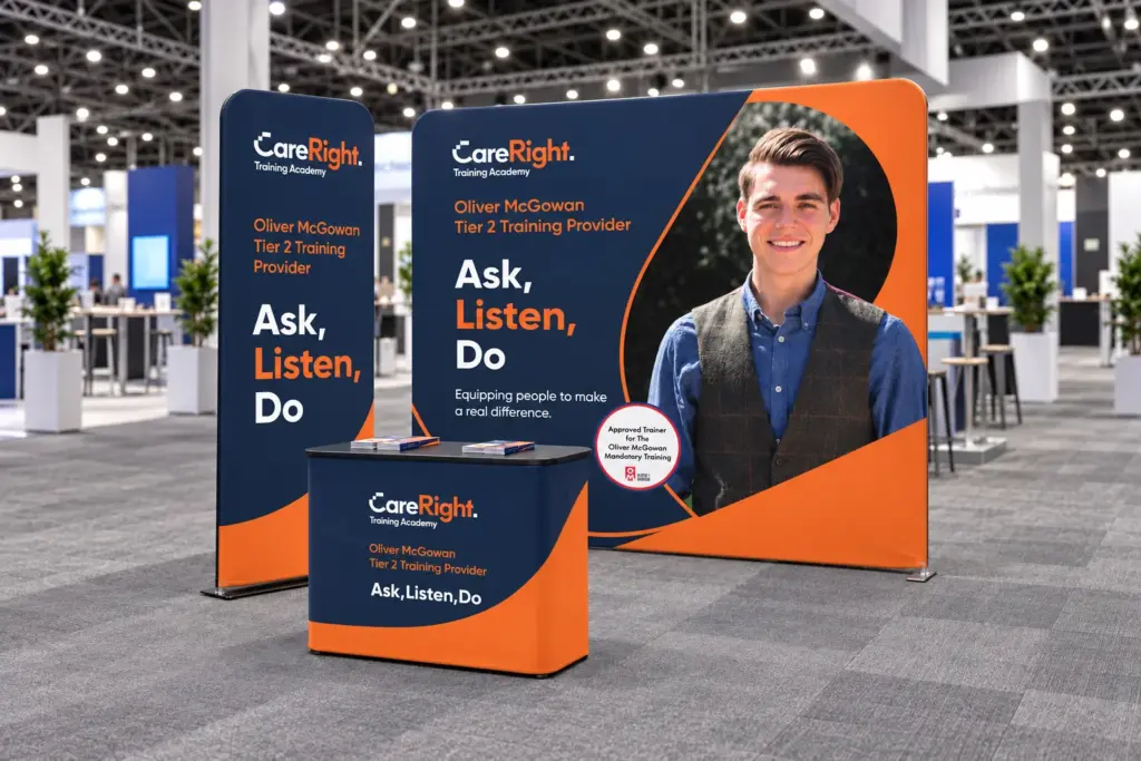Visualisation of CareRight Training Academy's 2.4m soft-touch wall, banner tower and counter with the artwork that was printed