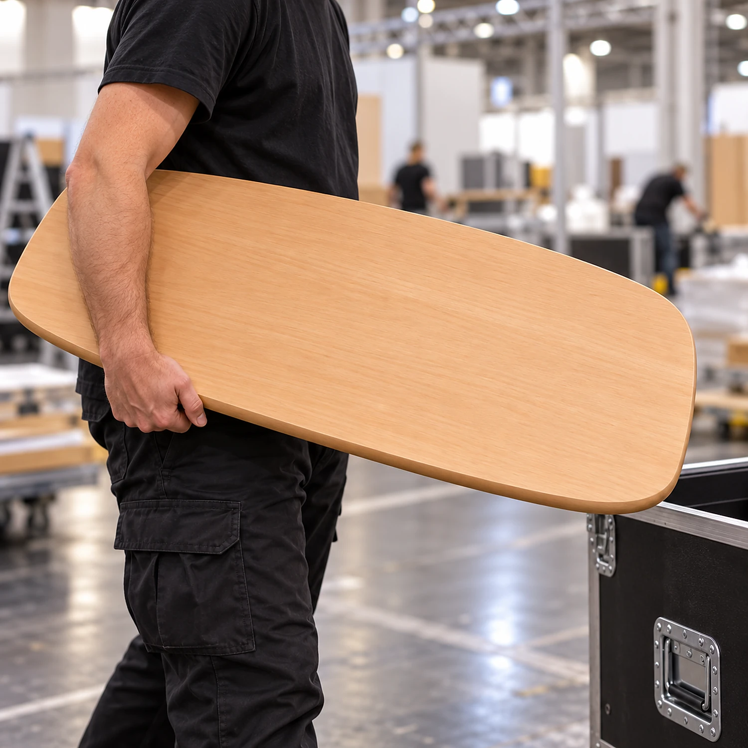 Stand builder carrying the beech case table top during build-up