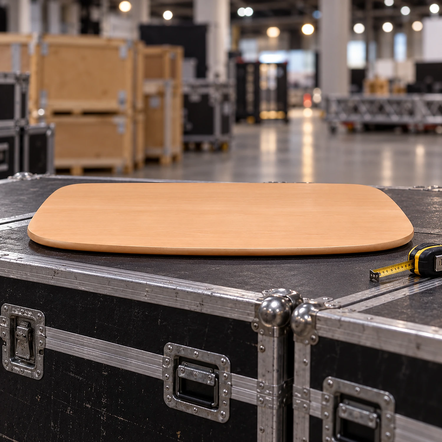 Beech table top on a stack of flight cases during build-up