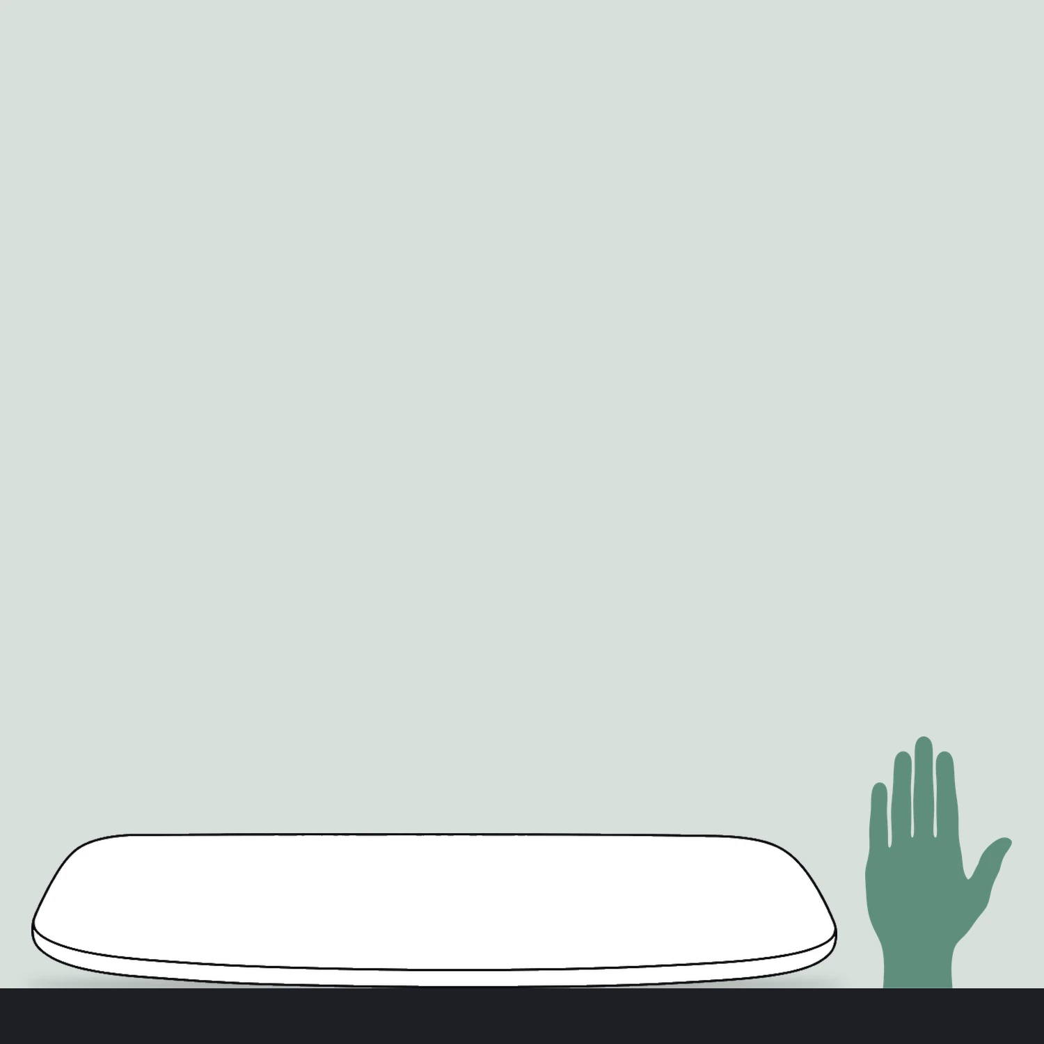 Case table top size compared with a hand