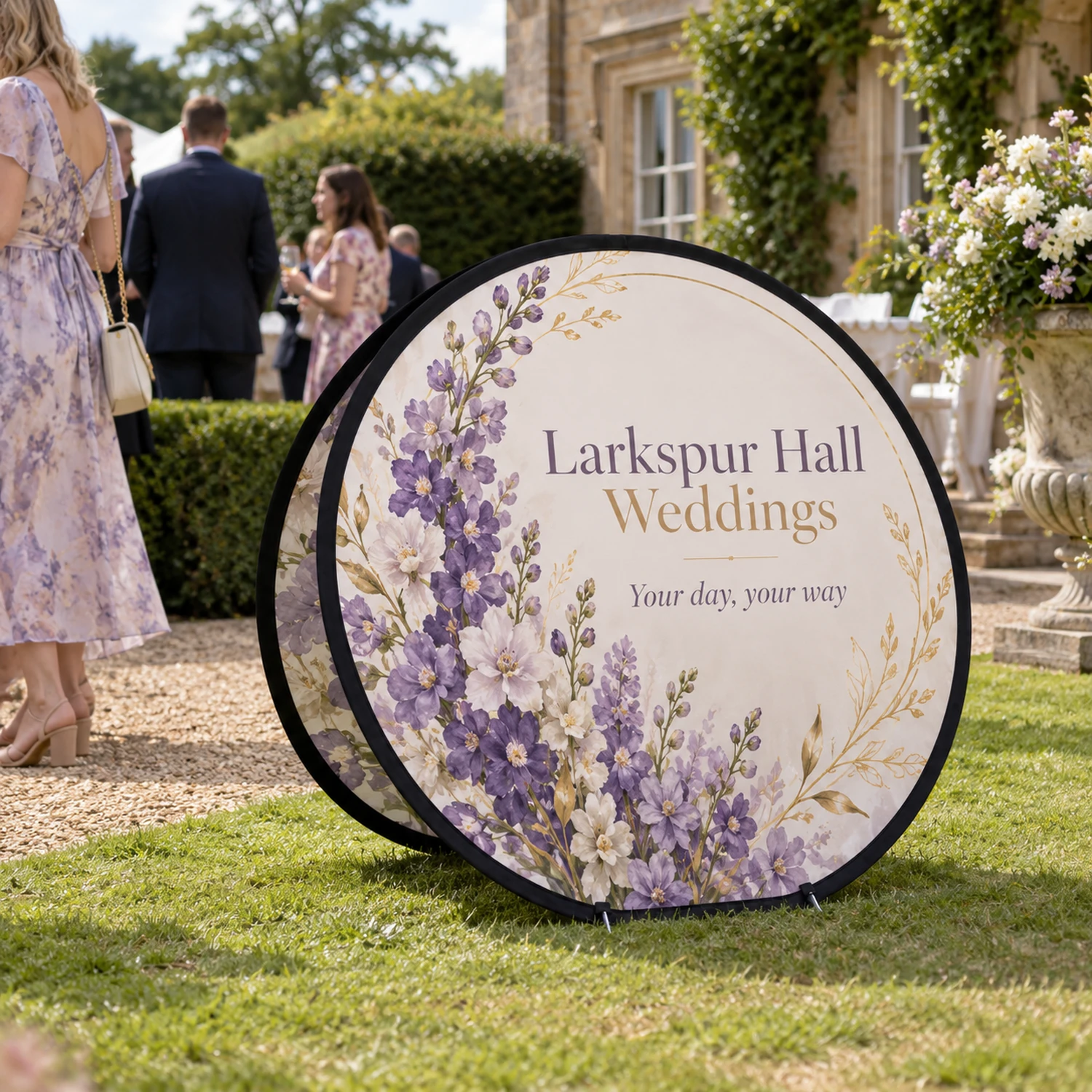 Circular Pop Out Banner 1.2m Diameter, Flag Fabric at an event