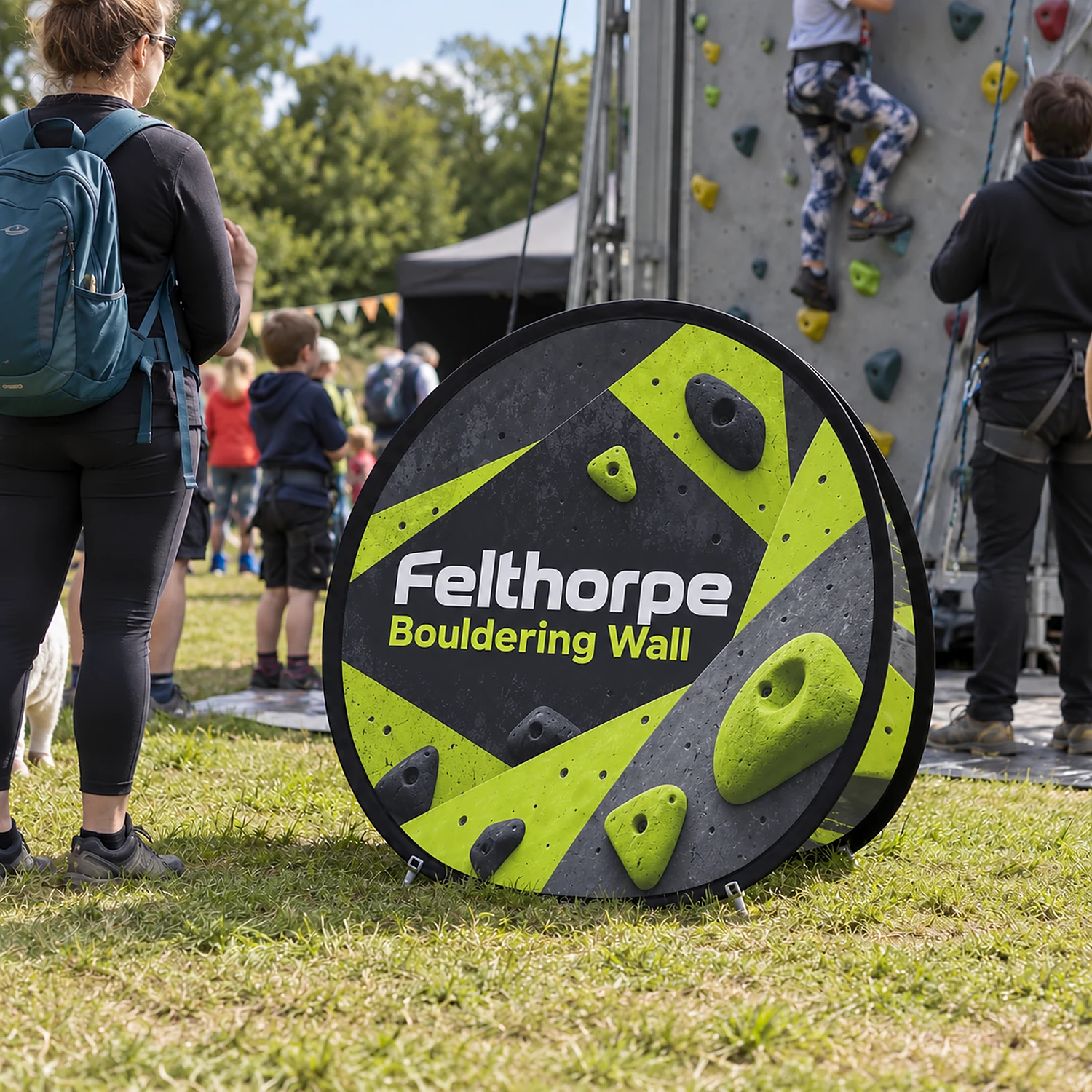 Circular Pop Out Banner 1.2m Diameter, Flag Fabric, shown with example artwork