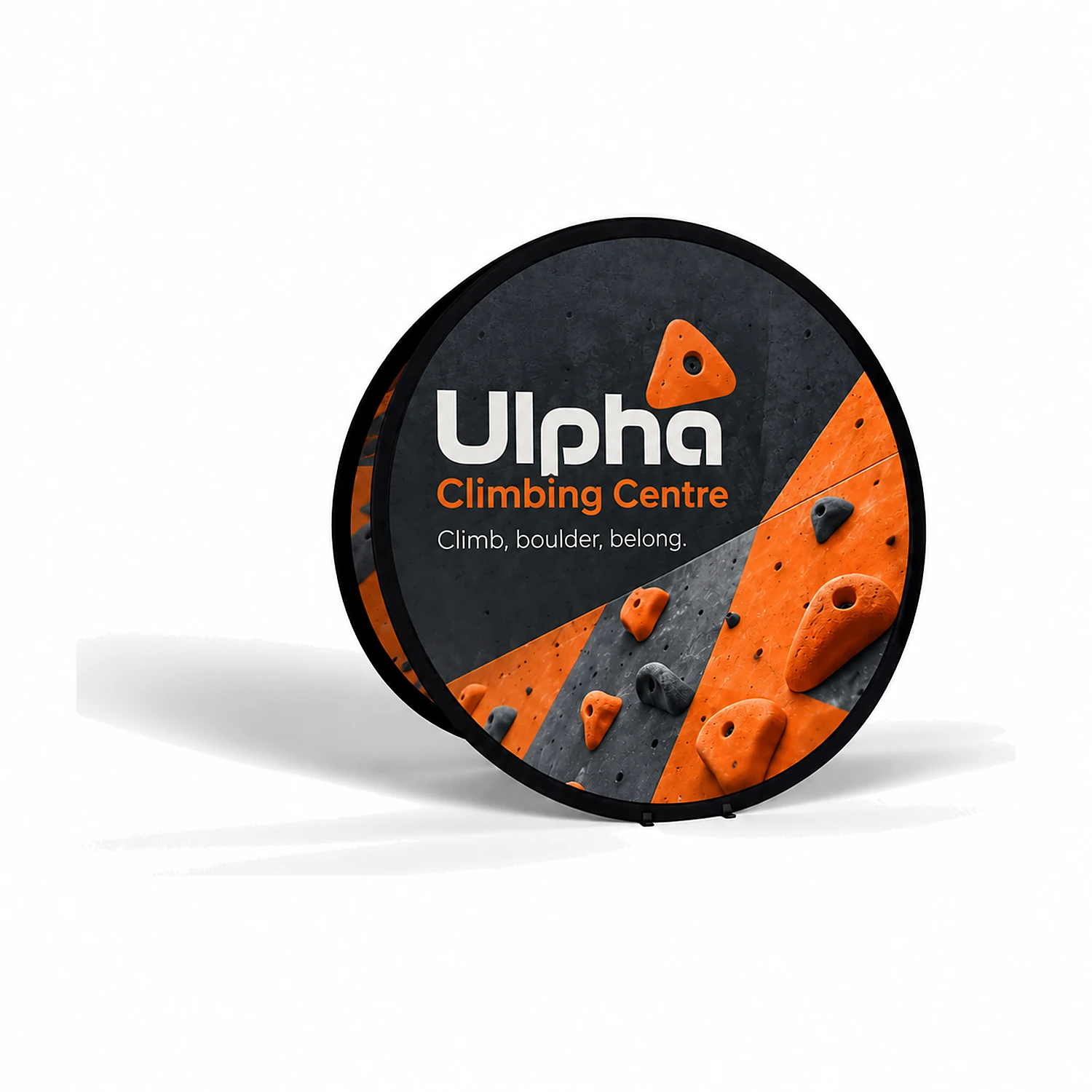 Circular Pop Out Banner 1.2m Diameter, Flag Fabric, shown with example artwork