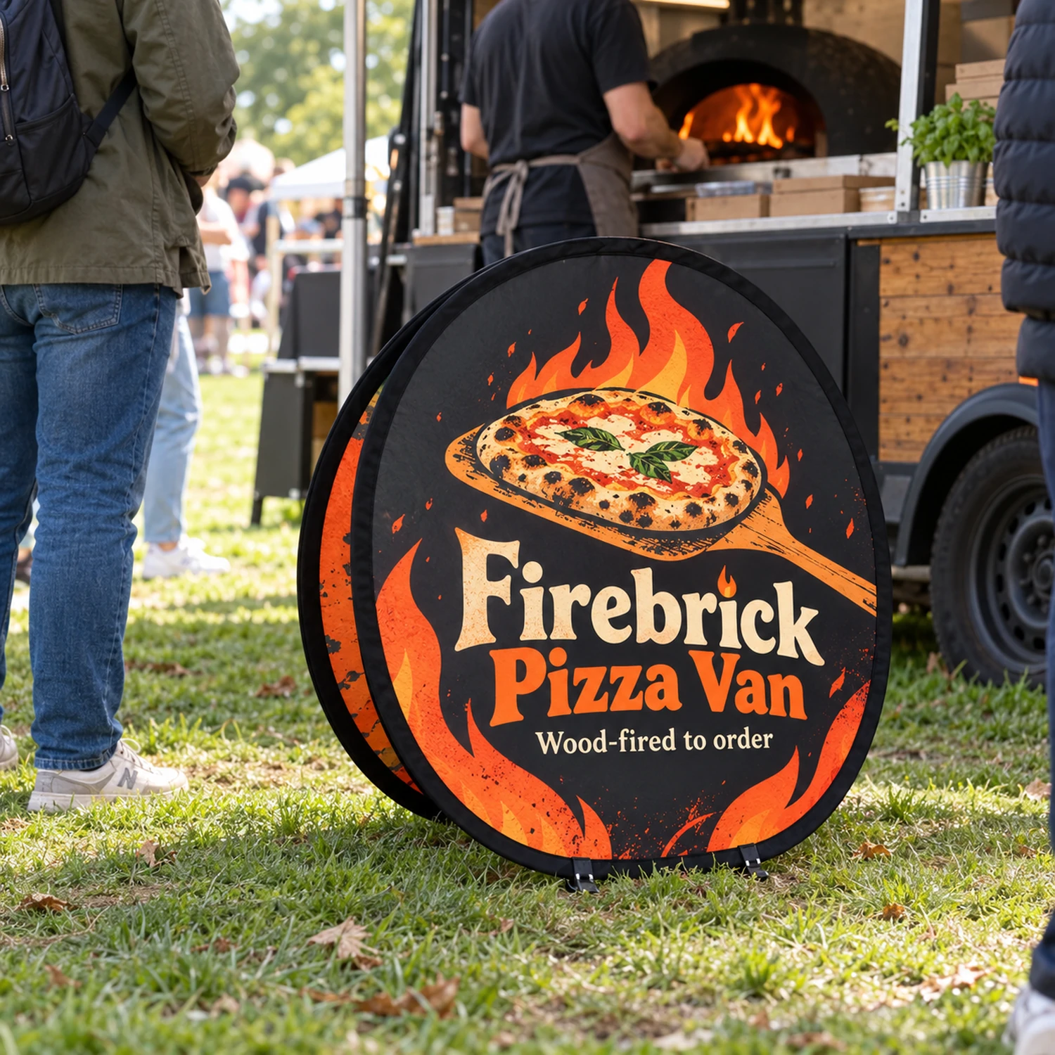 Circular Pop Out Banner 720mm Diameter, Flag Fabric at an event