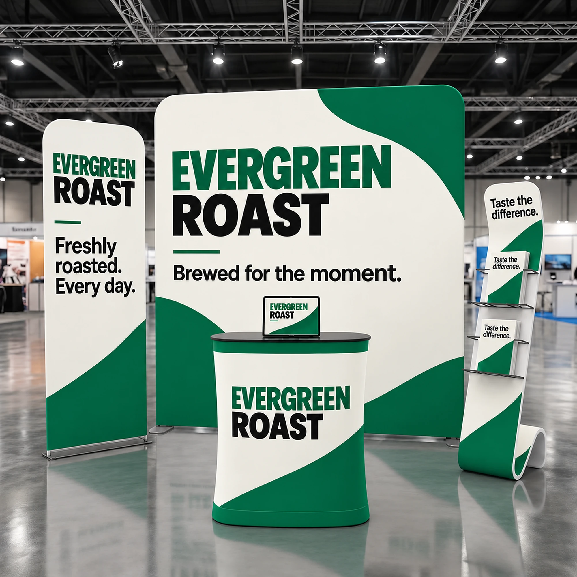 Complete fabric exhibition stand kit with backwall, counter, banner and literature stand at a show